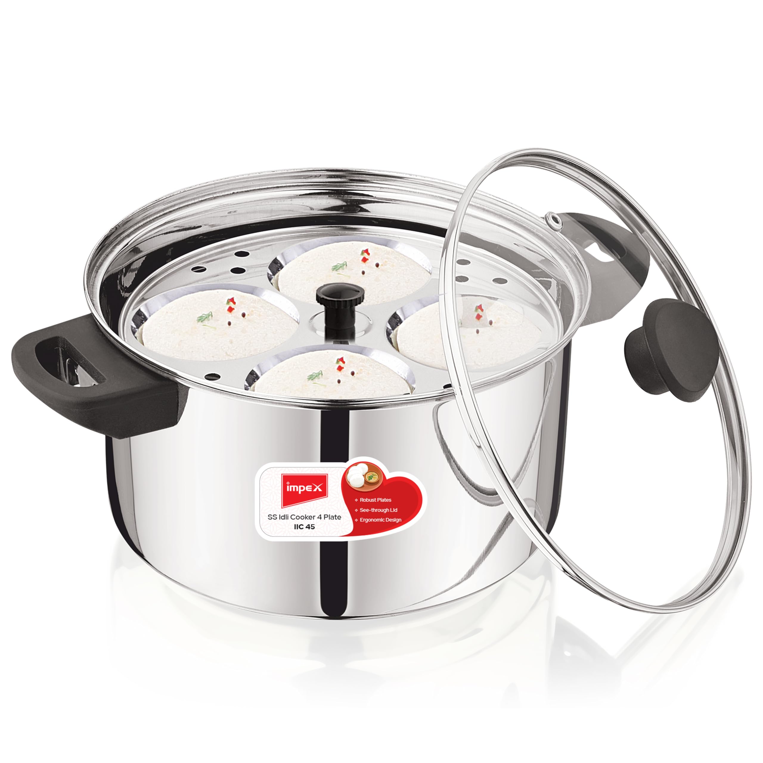 Impex Stainless Steel Idli Cooker With Glass Lid | Induction and Gas Stove Competable Idli Maker | 4.5L Idly Cooker with 4 Plates | 1 year Warranty