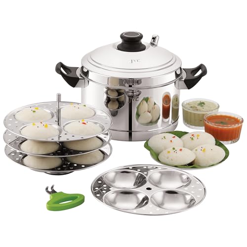 JVL Stainless Steel Idli Cooker Gas & Induction Compatible Idly, Dhoklas, Idiyappam, Momo Steamer (Stainless Steel, 4 Plates)