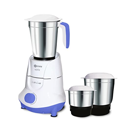 KWW Vento 3 Jar Mixer Grinder 550 Watt | 3 Stainless Steel Jars with Auto Overloading Protection | ISI Certified Shock Proof Body | 2 Years Warranty | Quick cool ventilation (White & Blue)