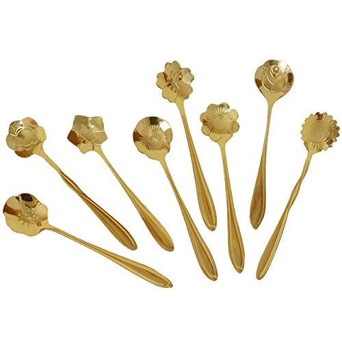 Litvibes Kitchen Dinner Dining Tableware, Cutlery Dessert Spoon, Coffee, Sugar, Mixing, Tea, Stirring,Cake and Ice Cream Spoon,Stir bar Gold Flower Stainless Steel Spoon-Set of 6 (Random)