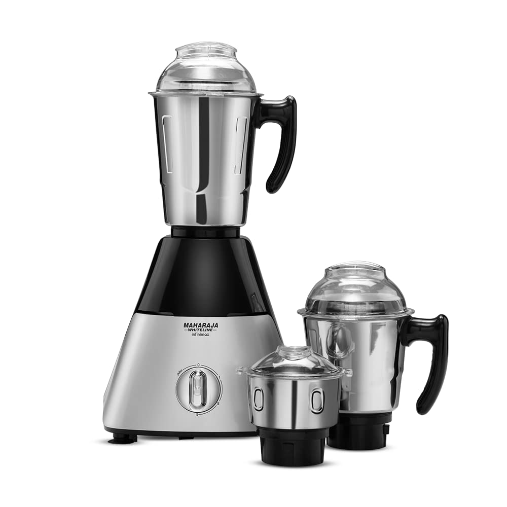 Maharaja Whiteline Infinimax HD Mixer Grinder with 3 Jars, 1000 Watts, Silver & Black, 5 Years Warranty on Motor, Plastic