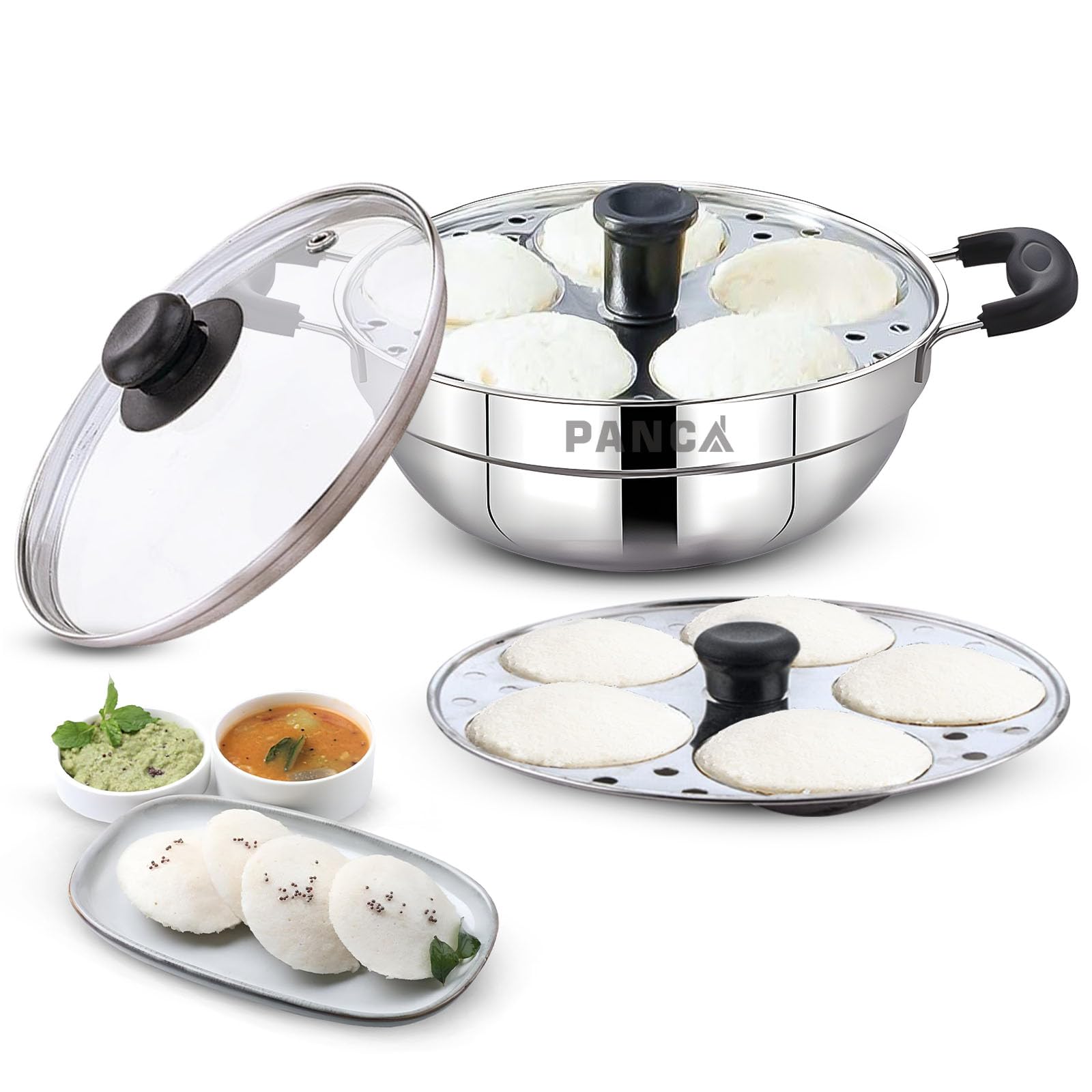 PANCA Stainless Steel Idli Maker 2 Plates With Glass Lid, Makes 10 Idli, Premium Idli Cooker,Multipurpose Kadai For Cooking And Serving,Premium Idli Pot With Glass Lid (10 IDLI)