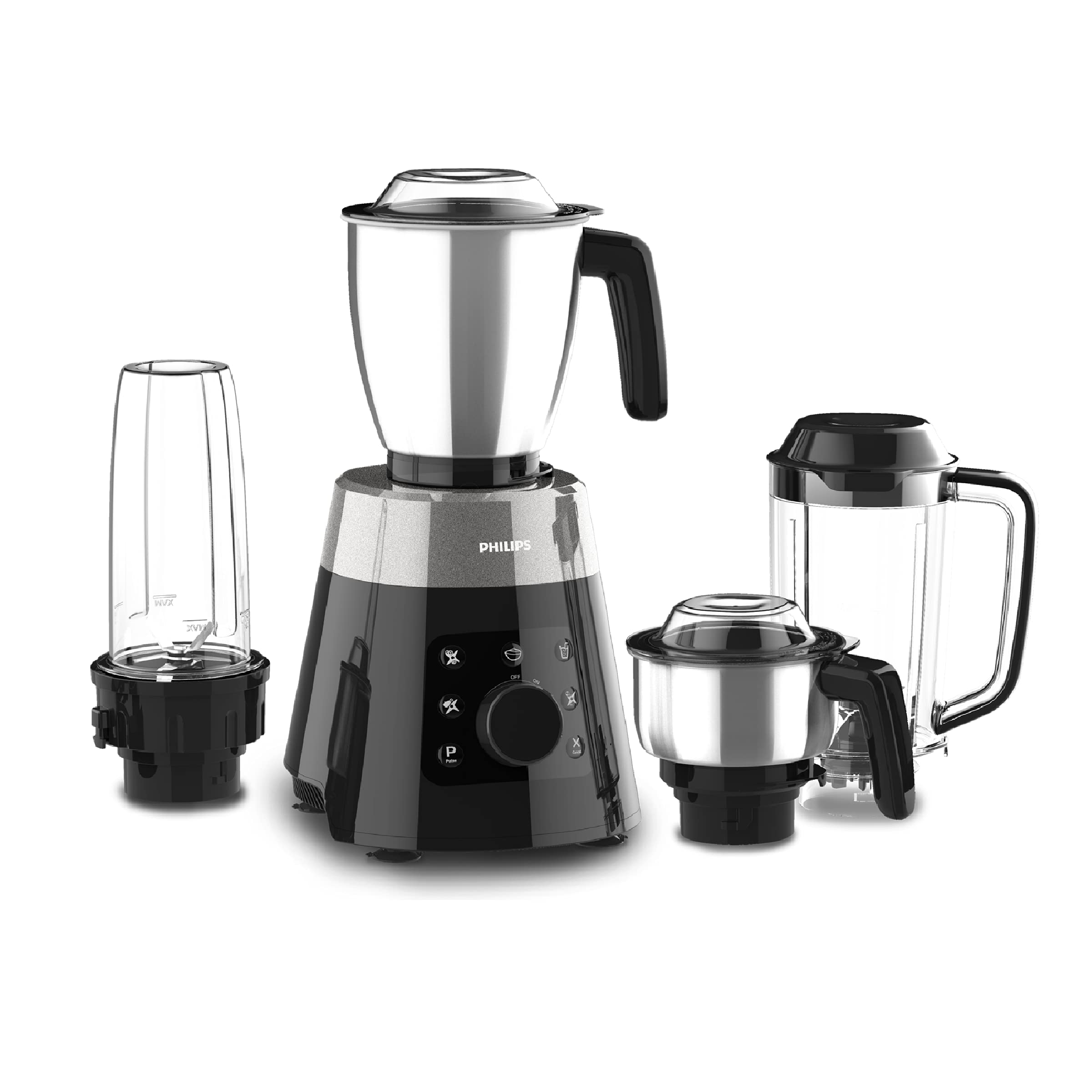 PHILIPS HL7777/00 Mixer Grinder, 750W, 4 Jars, Smart One-Touch Mode, 50%* Reduction in sound power, Digital Interface, Intelli-speed Technology for Pre-Set cooking, Soft Sound Technology, Metallic Silver and Bold Black, Large (Indian Plug)