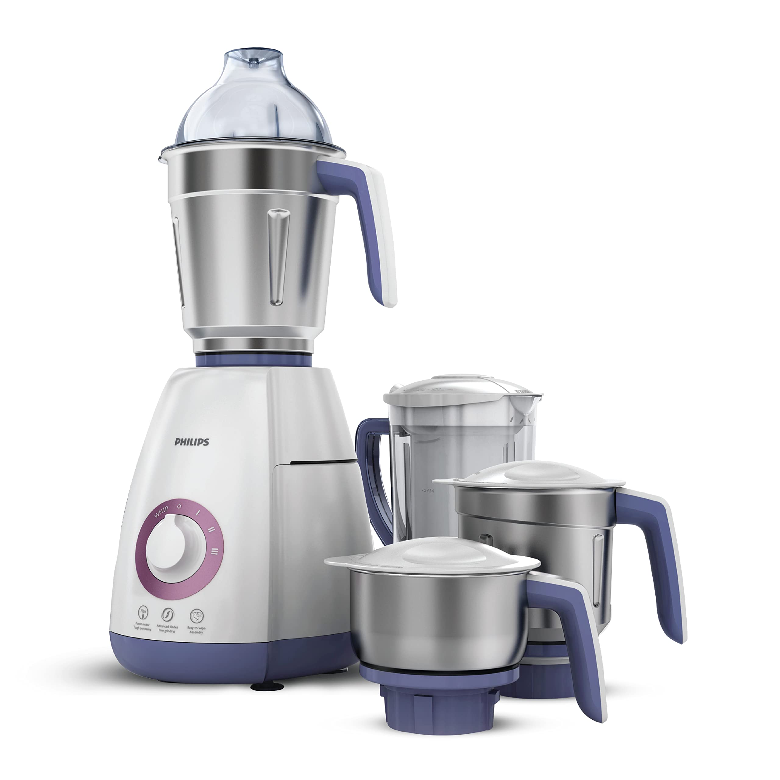 Philips Viva Collection HL7701/00 Mixer Grinder, 750 Watts, 4 Jars (Elegant Lavender and White) (Indian Plug)