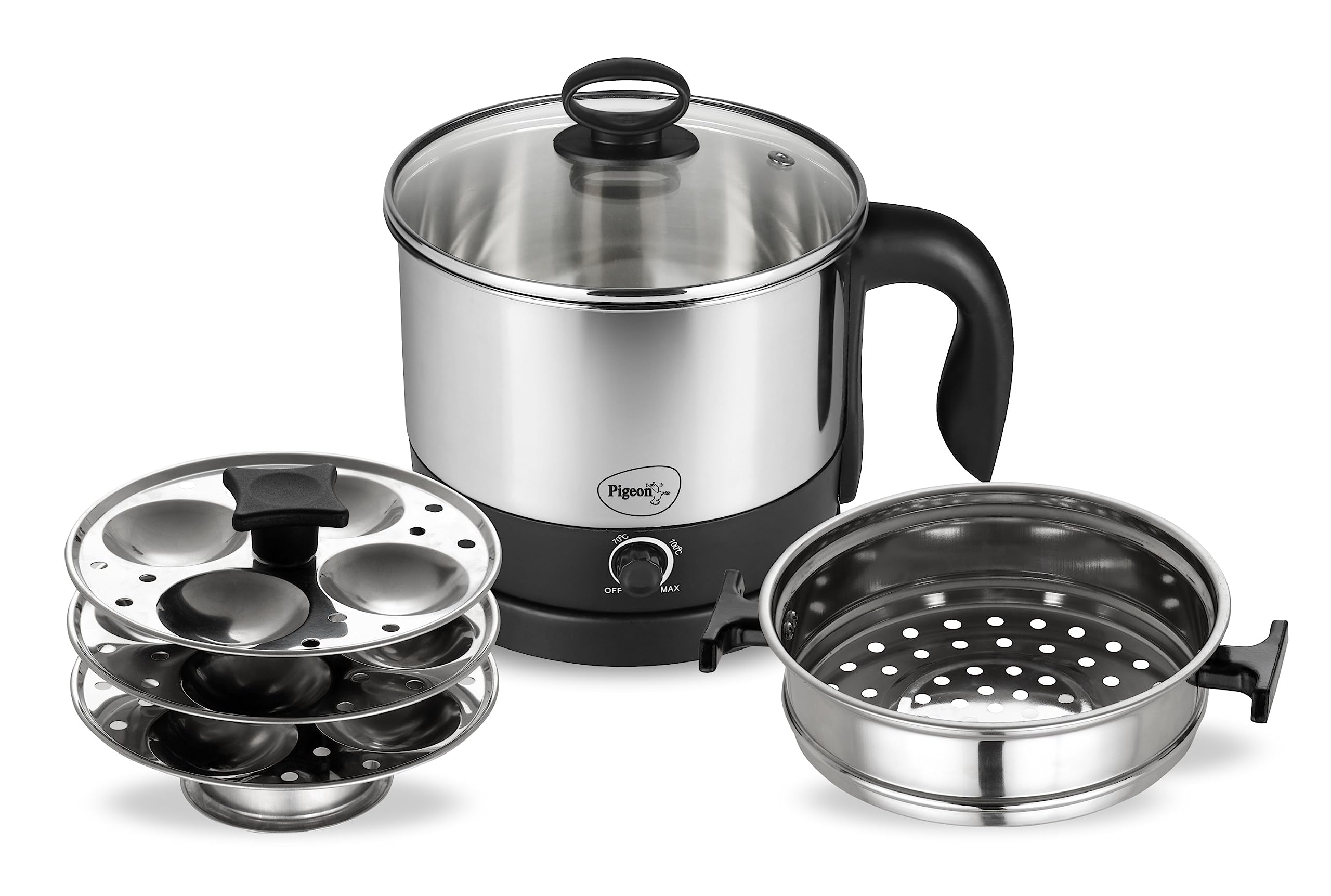 Pigeon by Stovekraft 1.5 Liters Multipurpose Kessel 3 in 1 Value Pack, Multi Cooker, Idli Stand with 3 Plates, Steamer With Stainless Steel Stand (Black & silver)