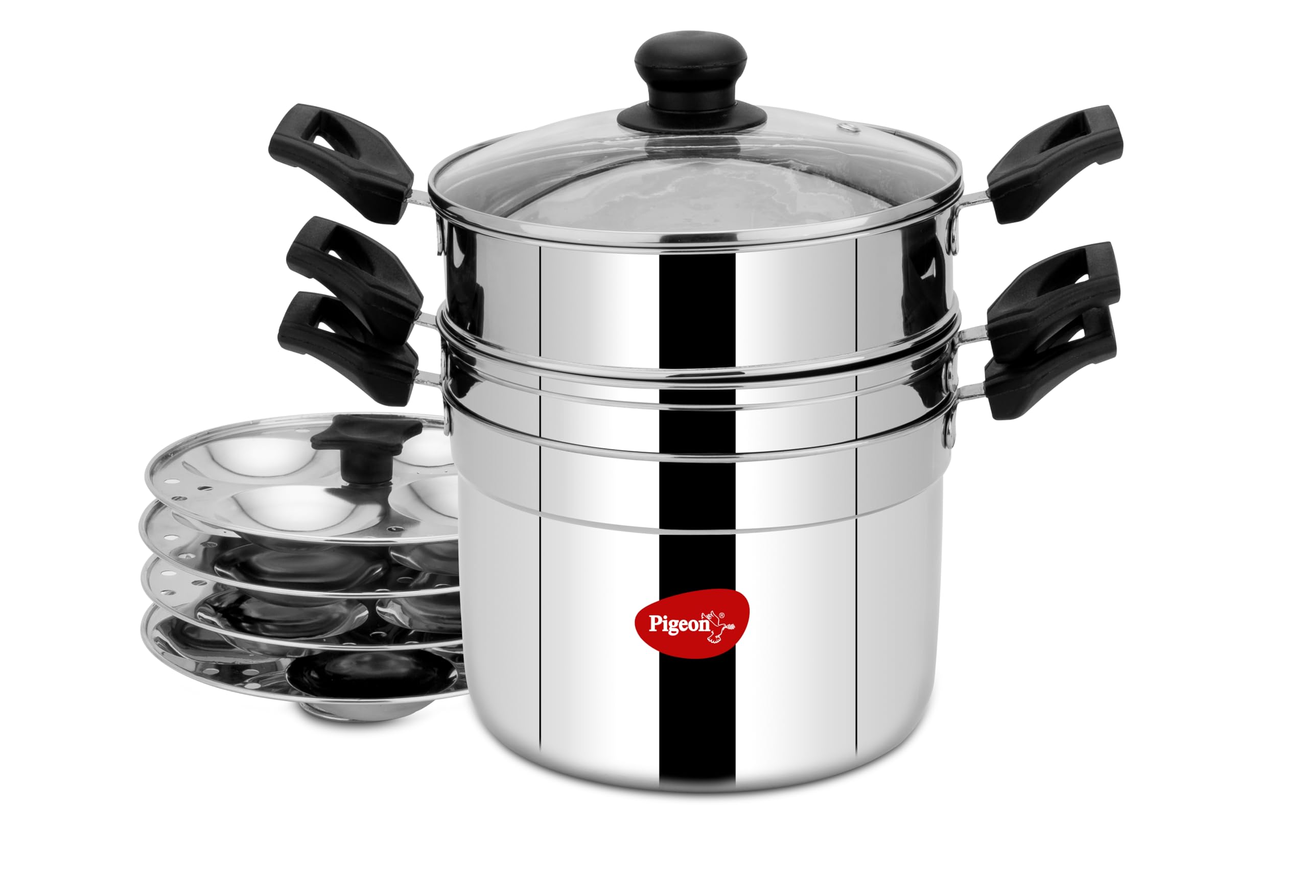 Pigeon by Stovekraft All in one Multipurpose Cookpot with Glass Lid Included Steamer and Strainer for easy cooking, heat resistant handles, Heavy gauge stainless steel idly plates inside with 4 cavity (4 idly plates, 16 idlies)