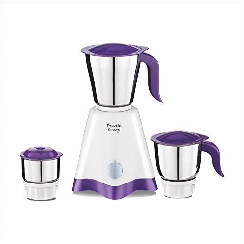 Preethi Crown Pro MG-254 Mixer grinder, 600 watt, White/Purple, 3 Jars with 5yr Motor Warranty & Lifelong Free Service (Indian Plug)
