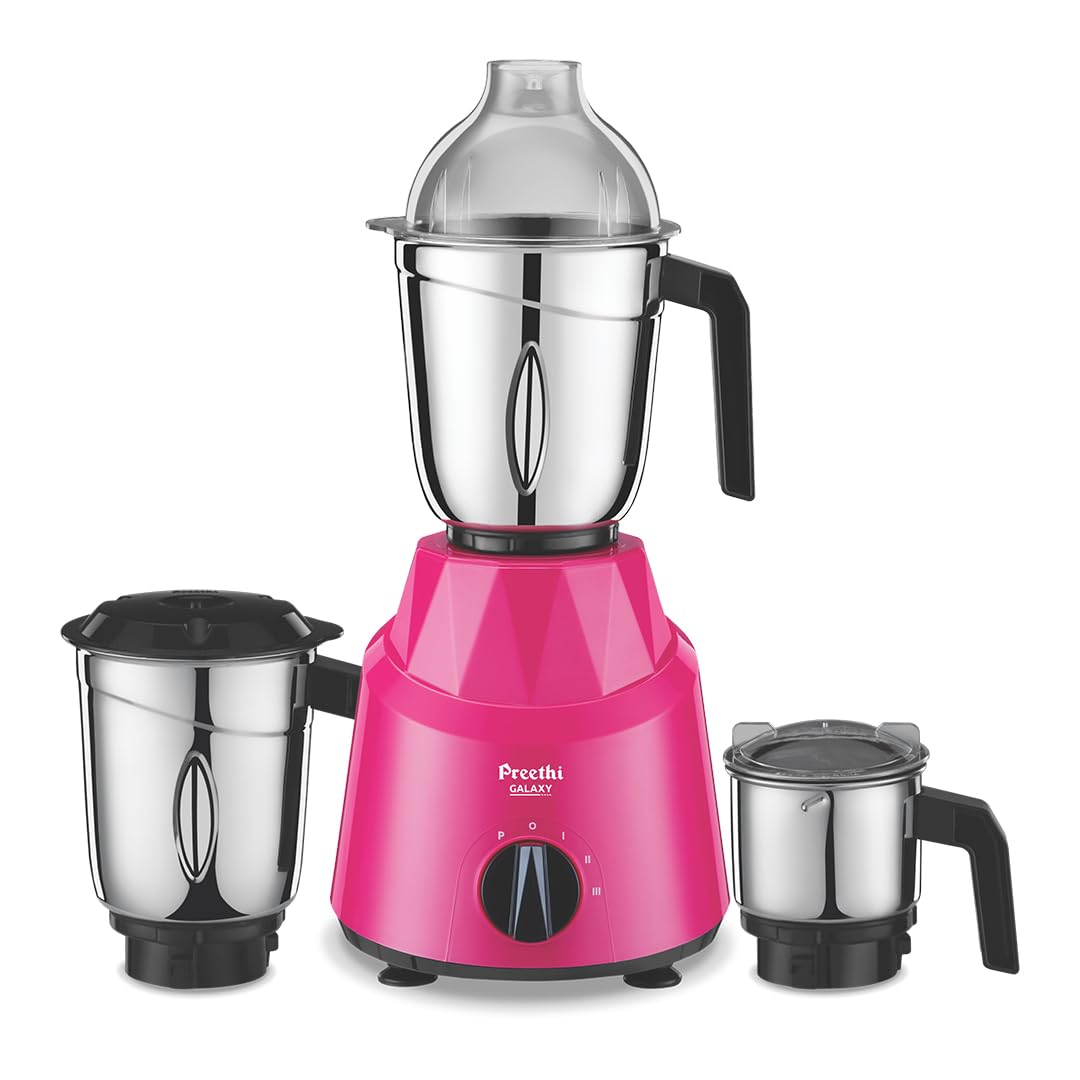 Preethi Galaxy Mixer Grinder for Kitchen| Vega W5 750 Watt Mixie, 3 Jars (Bigger jar Size) | 5yr Motor Warranty & Lifelong Free Service |Pink (MG225), Plastic