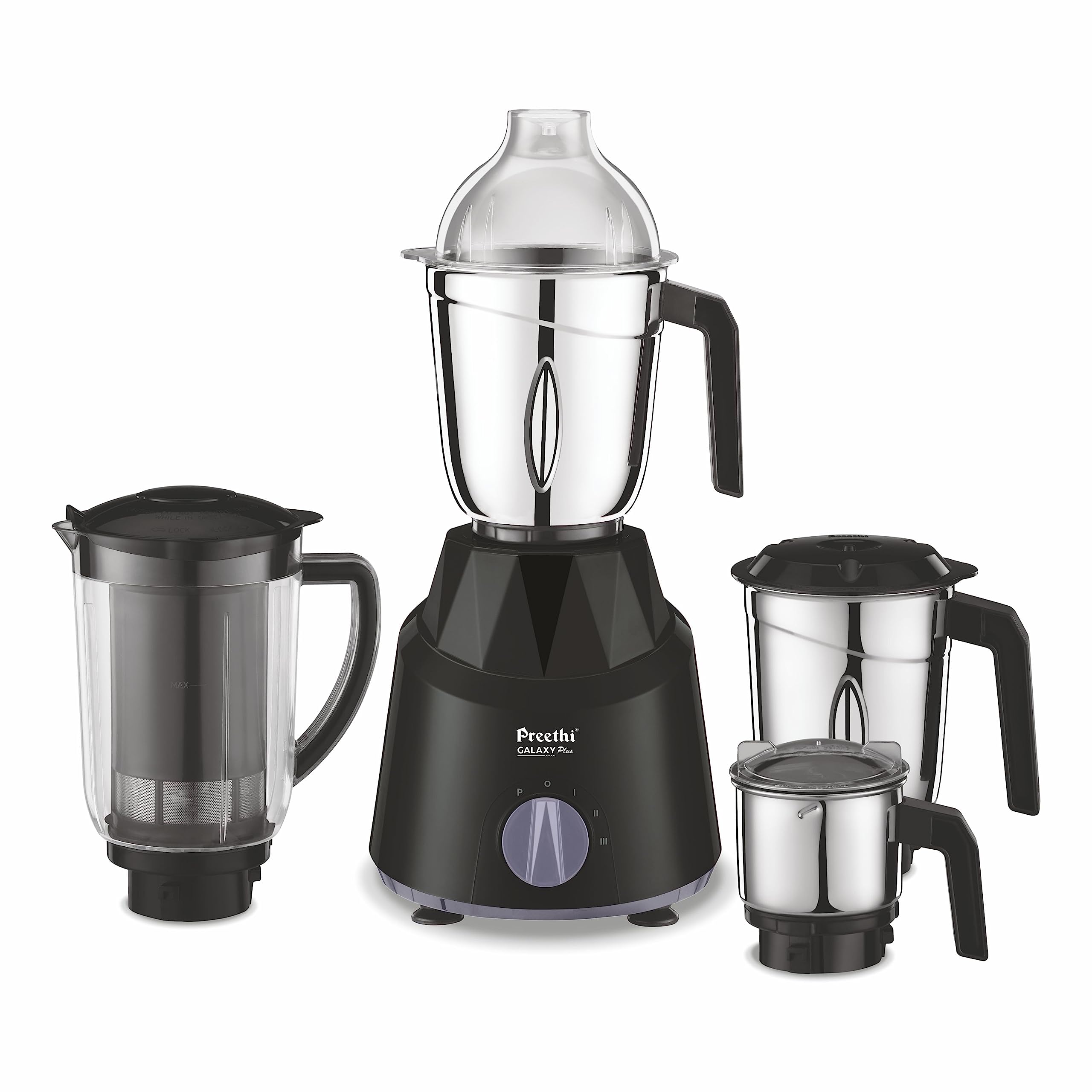 Preethi Galaxy Plus Mixer Grinder for Kitchen - 4 Jars 750 Watt Mixie (3 Stainless steel Jars+1 Super Extractor Juicer Jar), Flexi lids, Vega W5 motor, Black (MG-250)