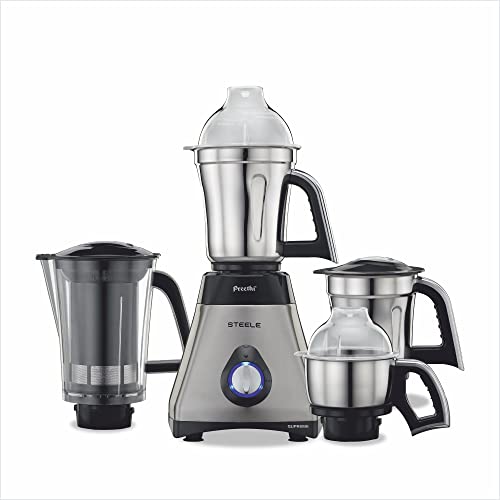Preethi Steel Supreme MG-208 mixer grinder, 750 watt (Silver/ Black), 4 jars - Super Extractor juicer Jar, Vega W5 motor with 5yr Warranty & Lifelong Free Service (Indian Plug)