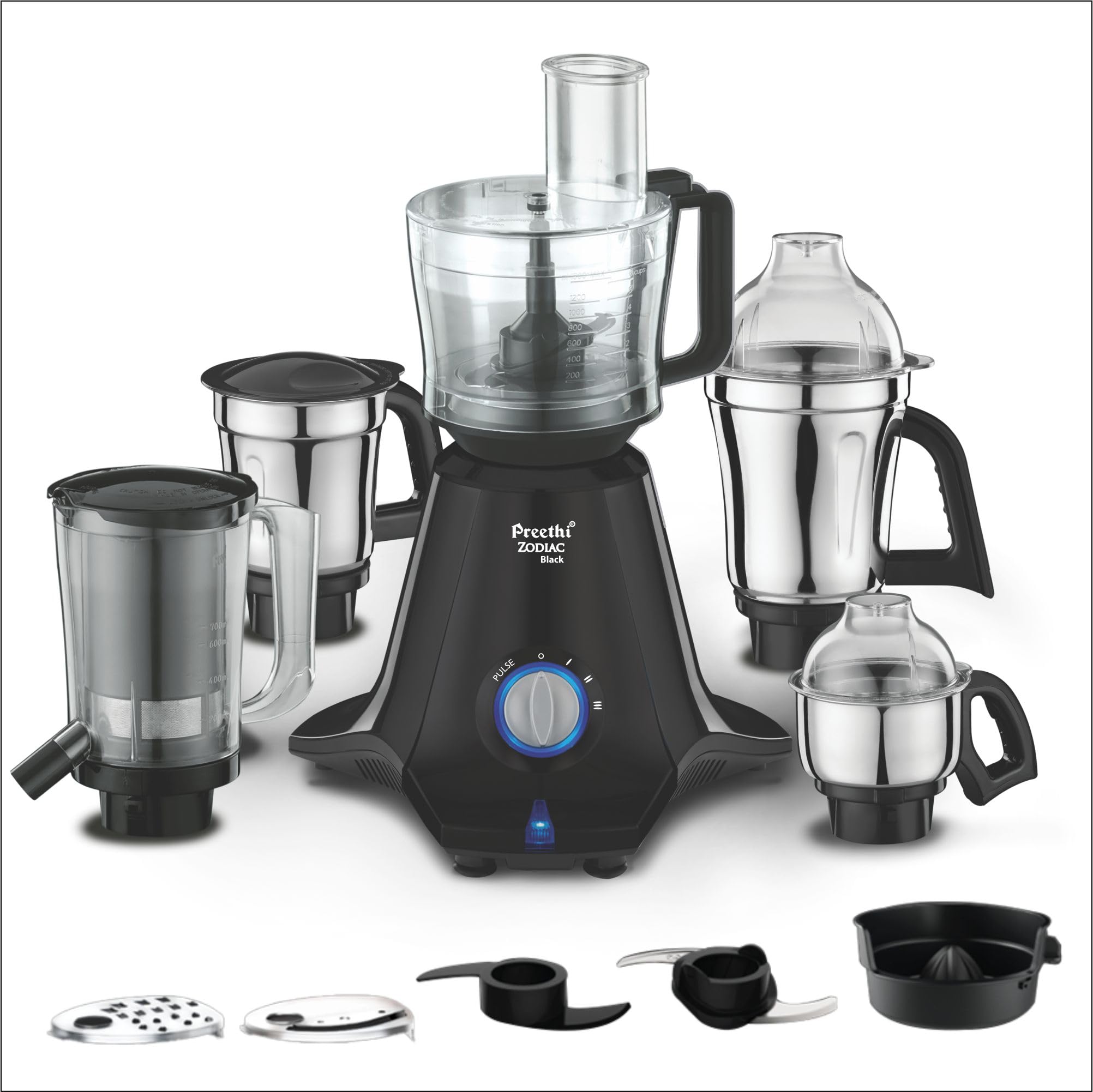 Preethi Zodiac Black Mixer Grinder for Kitchen, 5 Jars 750 Watt Mixie with Chutney Jar, Dry Grinding, Batter Grinding, Juicer & Masterchef Jar for chopping/grating (MG-261)