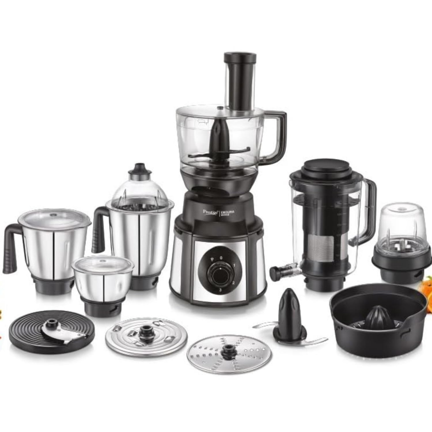 Prestige Endura Pro 1000W Multi Functional Mixer Grinder With Ball Bearing Technology|6 Jars With Food Processing Attachments |14 Different Functionalities|Black & Silver - 1000 Watts