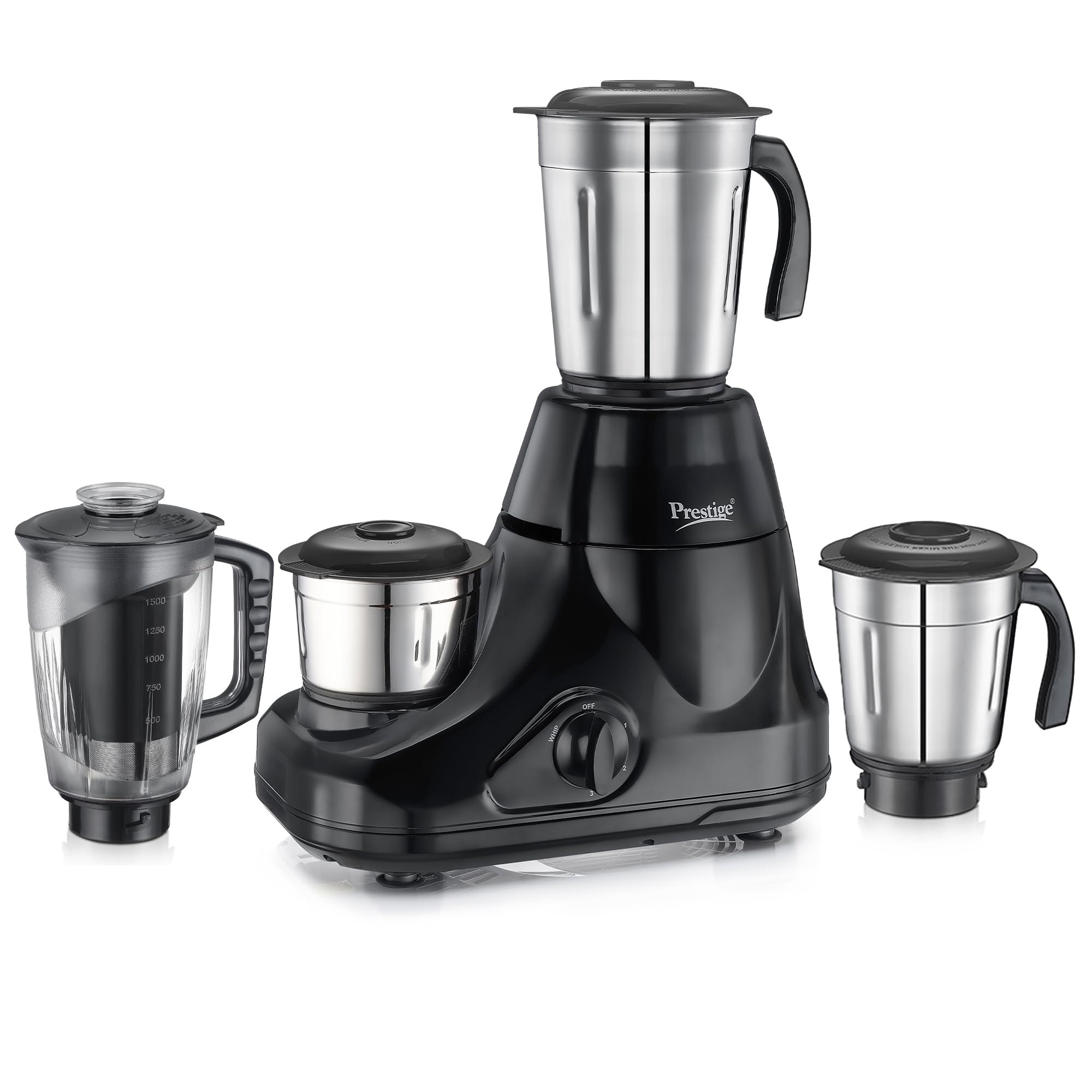 Prestige Iris Pro 750 Watts Mixer Grinder with 4 Jars (3 Stainless Steel Jars + 1 Juicer Jar)|4 Super-Efficient Stainless Blades |Jar Storage Space Sturdy Handles |2 Years Warranty |Black