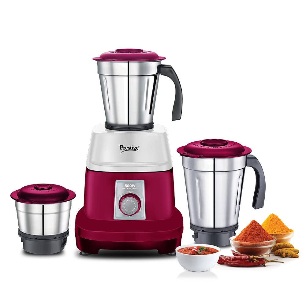 Prestige Orion 500 Watts Mixer Grinder with 3 Stainless Steel Jars (1200ml, 1000ml, 500ml,Red) (Indian Plug)