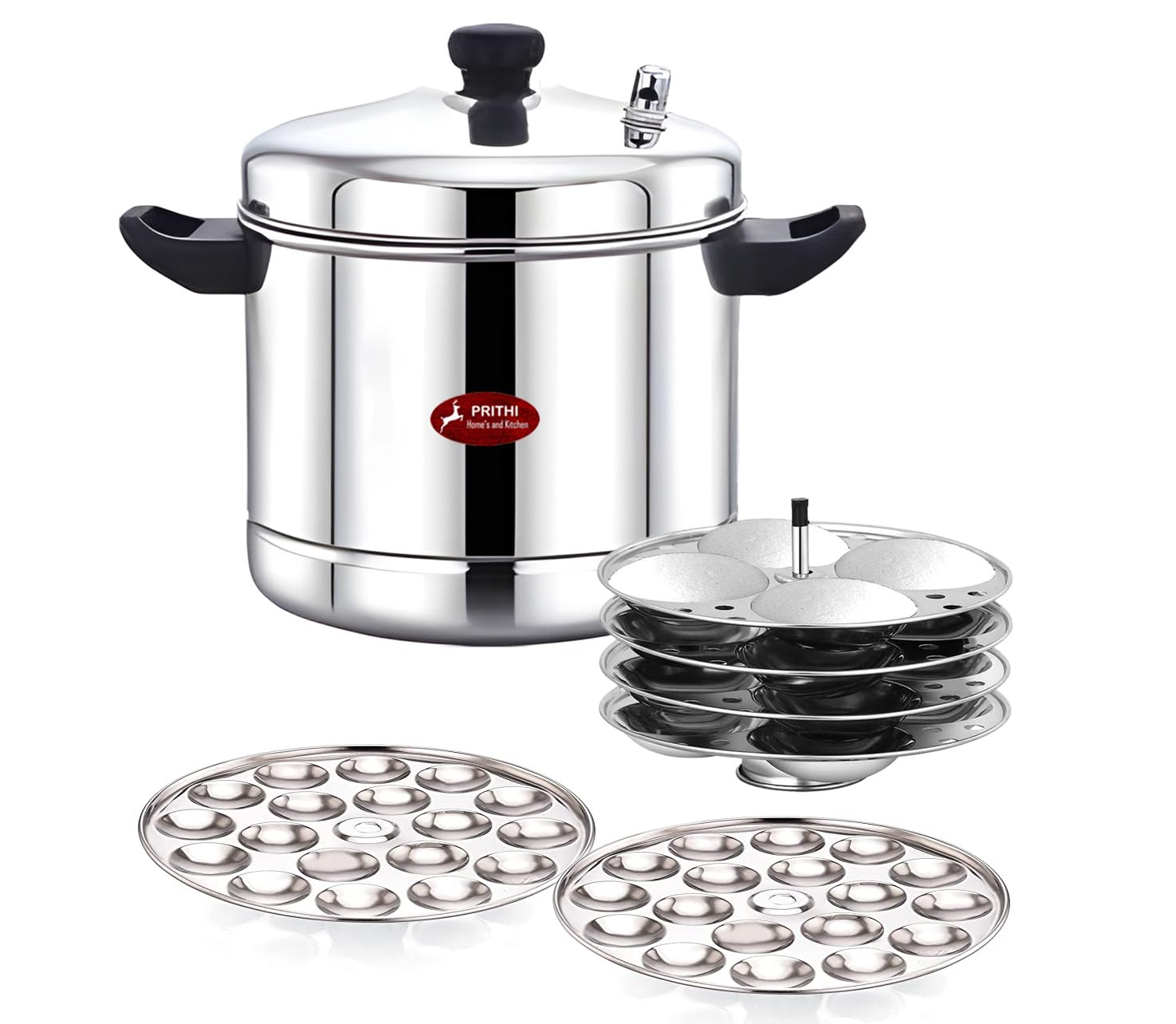 Prithi Home's and Kitchen Heavy Gauge Stainless Steel Induction Friendly Idli Cooker/Idli maker 4 plate Regular + 2 Mini Idly plate -16 idli,36 mini Idli (4 Regular Idli Plate with stand+ 2 Mini Idly Plate Extra)