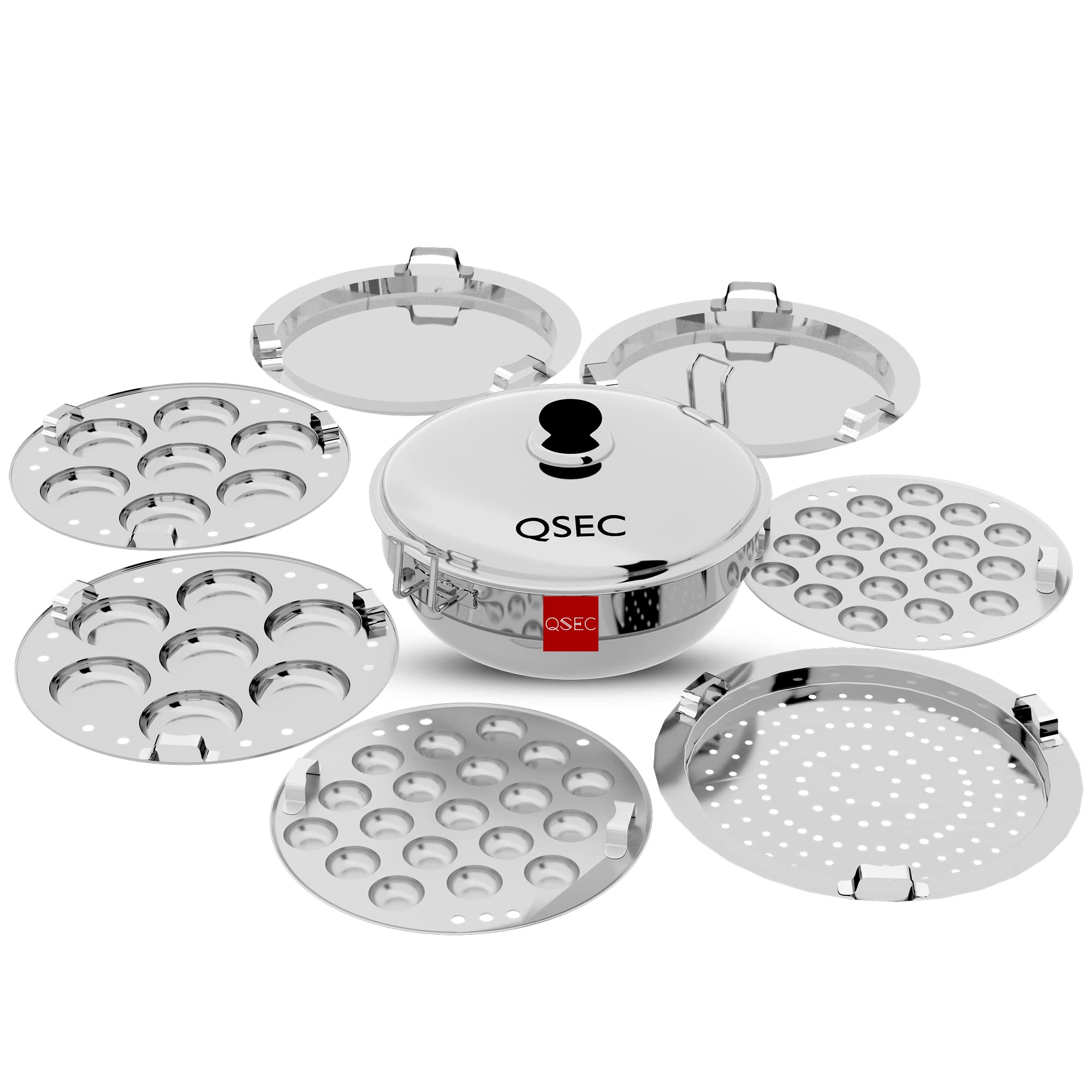 QSEC Stainless Steel Induction base Idli Maker Multi Kadai Idli Steamer & idli Cooker with 7 Plates | 2 Mini Idli | 2 idli | 2 Dhokla | 1 Momoâ€¦