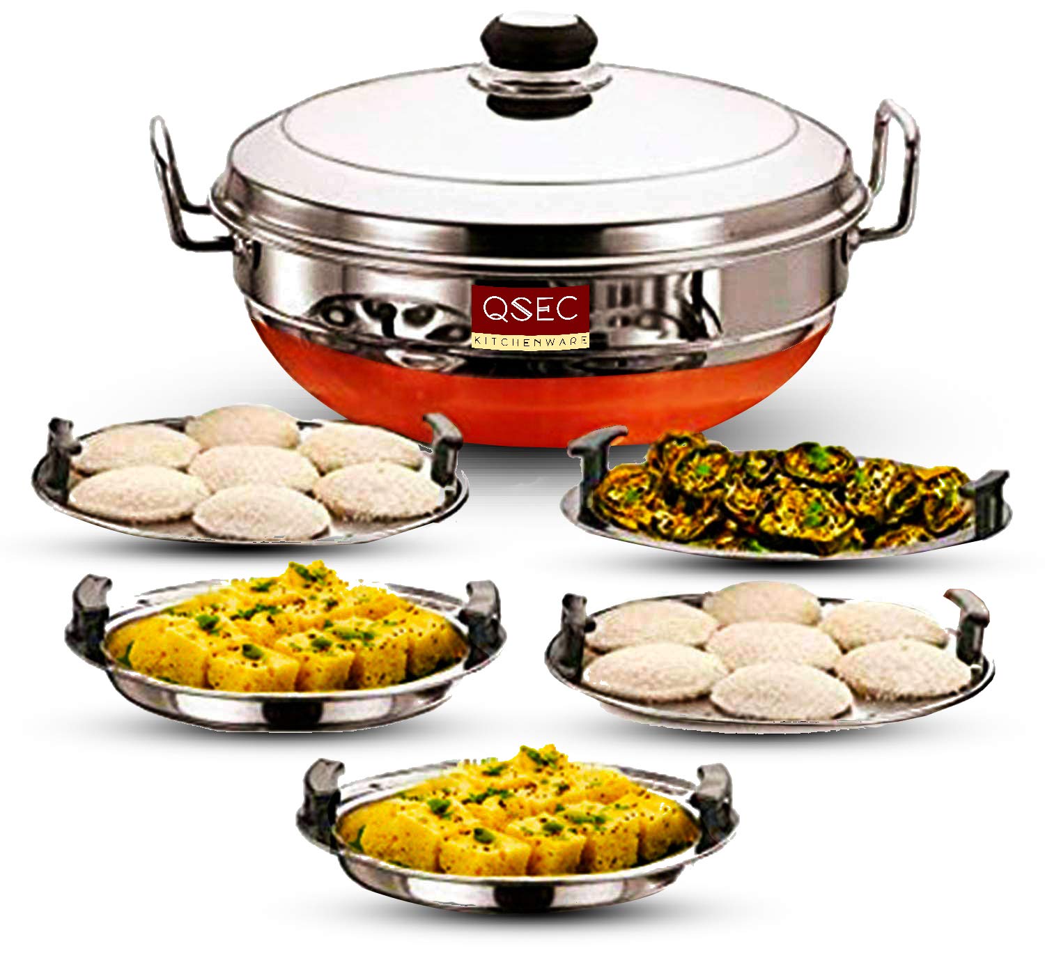QSEC Stainless Steel Multi Kadai Idli cooker steamer with Copper Bottom All-in-One Big Size dhokla cooker | 5 Plate 2 Idli | 2 Dhokla | 1 Patra | Momo steamer | 3 in 1 | Idli maker steamer - 285MM 100% Non toxin material