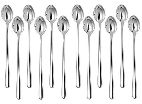 Shiyon Set of 12 Long Handle Spoons, Food Grade Stainless Steel, Long Handle Spoon for Ice Cream, iced Coffee, iced Tea, Milkshake, Tea and Other Desserts - Size - 20 cm