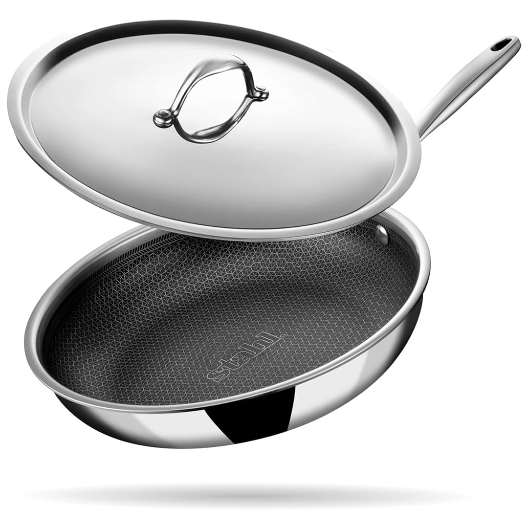Stahl Artisan Hybrid Triply Frying Pan with Lid, Fry pan Induction Base, Frying pan Non Stick, Omelette Pan Non Stick, Frying pan Stainless Steel, 1.1 L, 20 cm