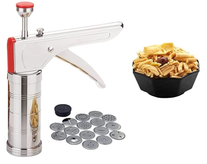 TEKCOOL Stainless Steel Kitchen Press with 15 Different Types of Jalies, Murukku Maker/Bhujiya Maker/Noodles/Cookies/Namkeen/Chakali Maker/Sev Maker/Farsan Maker/Gathiya Maker