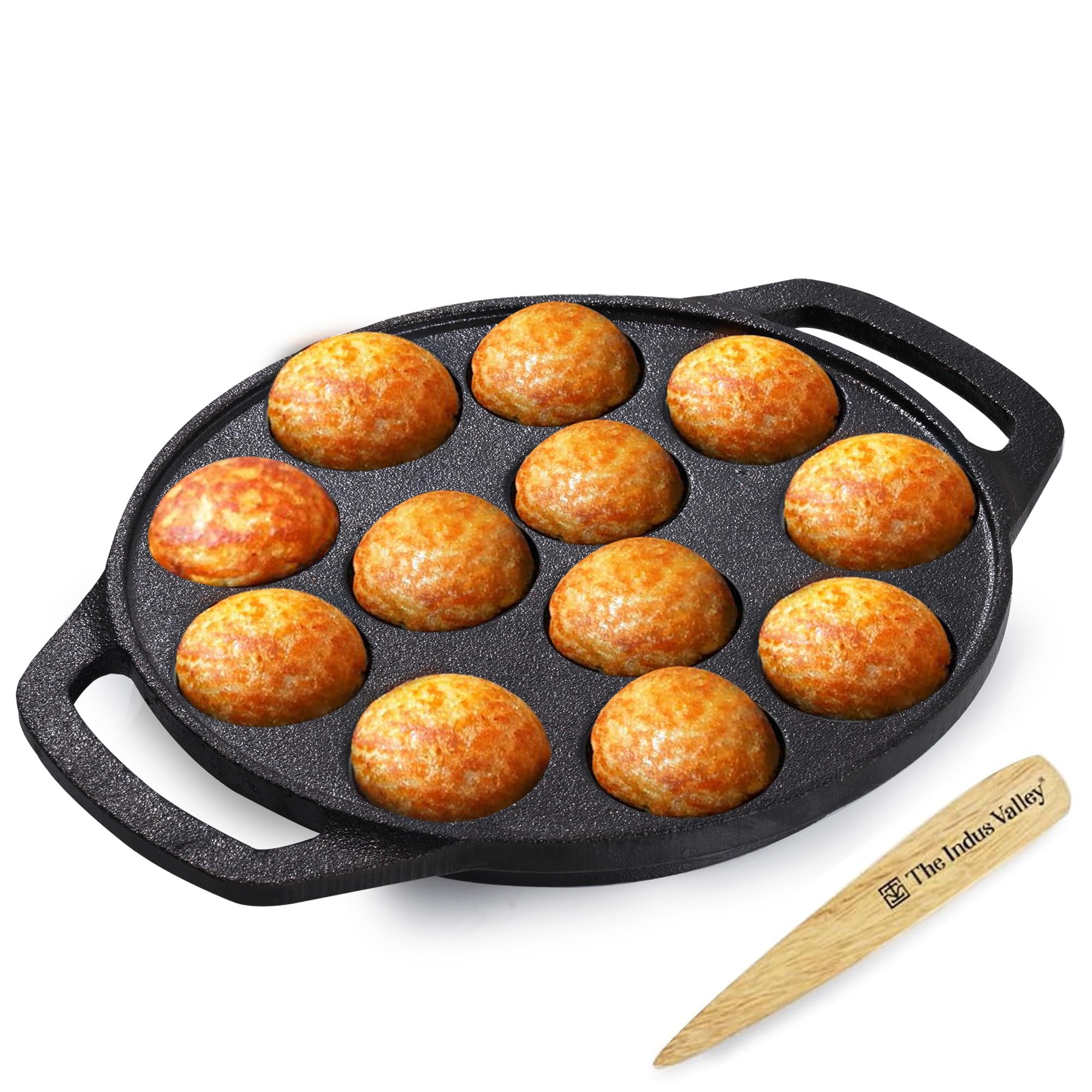 The Indus Valley Pre-Seasoned Cast Iron Paniyaram Pan With Spatula|Medium, 12Pit, 8.3Inch/21 Cm, 2Kg|Induction Friendly|Nonstick Appe/Paddu Pan, 100% Pure & Toxin-Free, No Chemical Coating, Black