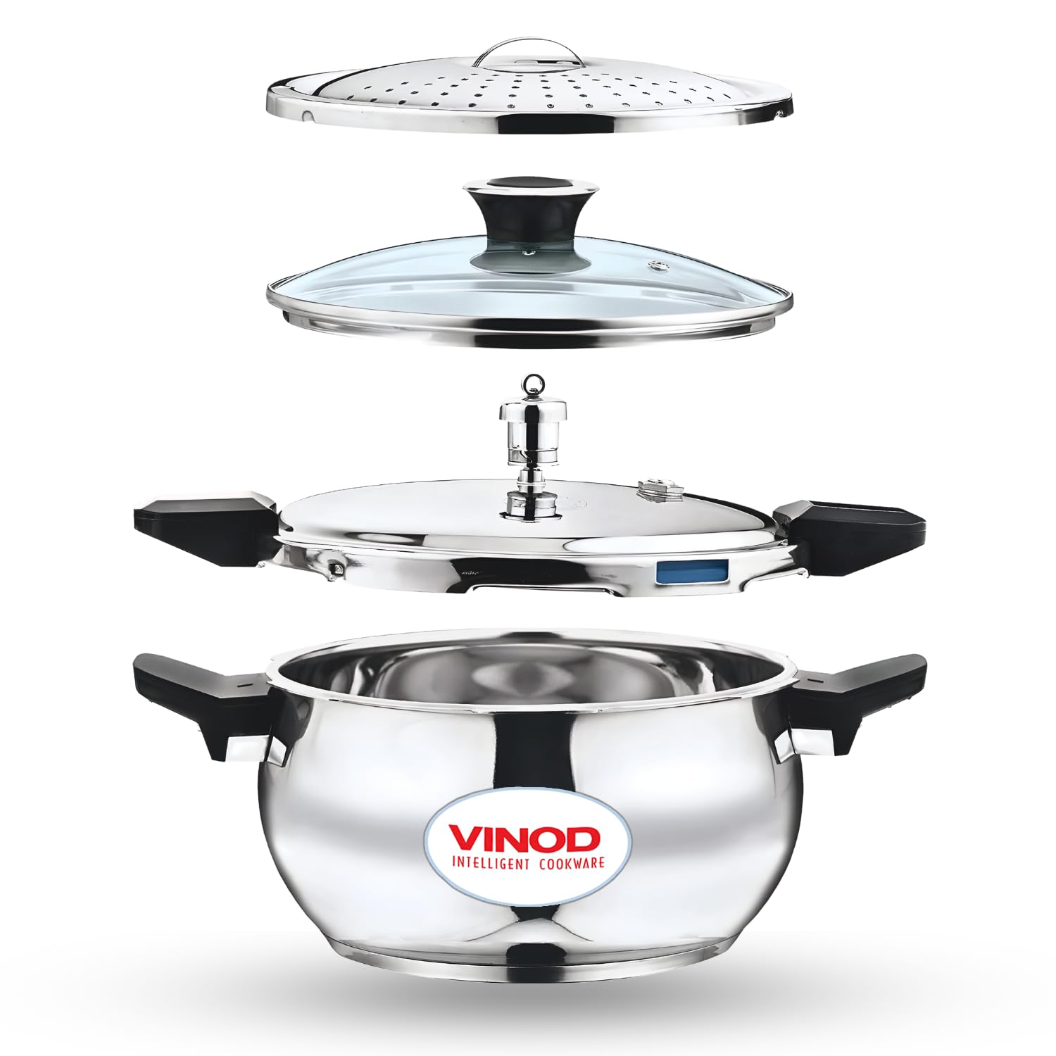 Vinod Magic Stainless Steel Smart 3 in 1 Pressure Cooker 3.5 Litre | 5mm Thick Base | All in One Cooker with Strainer & Glass Lid | Induction and Gas Base | ISI certified | 2 Years Warranty