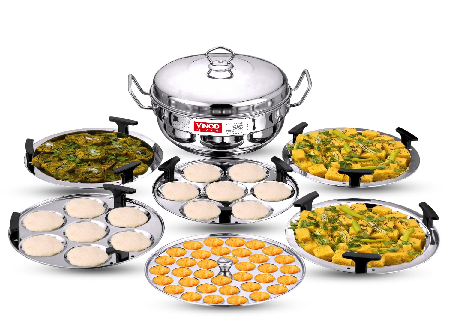 Vinod Stainless Steel Deluxe Multi Kadai with 6 Plates - 26cm, 2 Idli, 2 Dhokla,1 Patra and 1 Mini Idli Plate | Dhokla and Momos Steamer, Maker,Induction Friendly