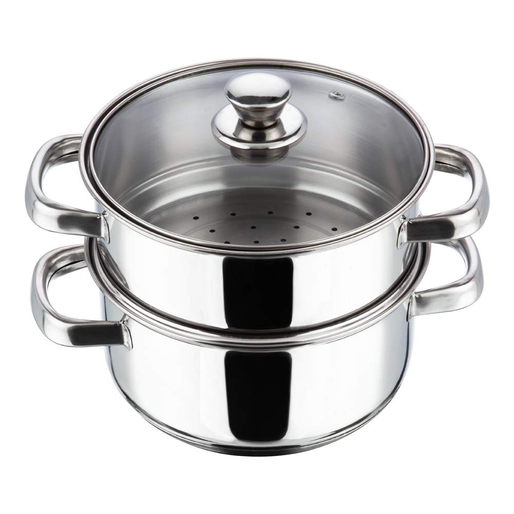 Vinod Stainless Steel Steamer 2 Tier with Glass Lid 18 cm | 2.5 mm Thick Base | Multi Purpose Momos, Modak Maker Steamer | Induction and Gas Base | 2 Year Warranty - Silver