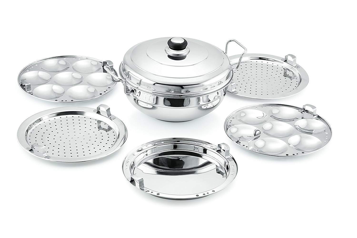 WayMoreÂ® Triply Multi Kadai Steamer with Induction & GasTop Compatible 5 Plate 2 Idli | 2 Dhokla | 1 Patra | Momo's | 28.5 cm Dia)