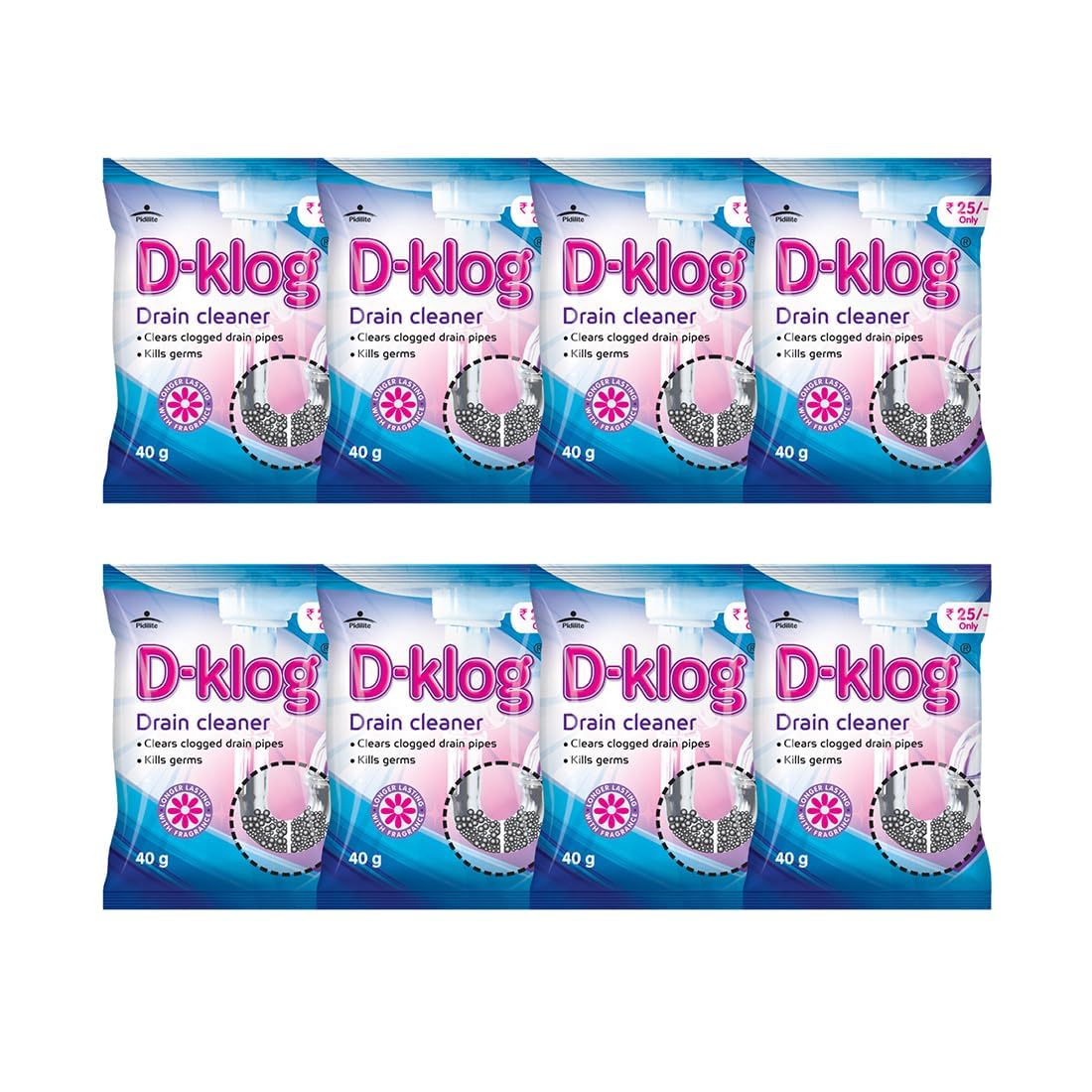D-Klog Drain Cleaner Powder (40g x 8 Units), Removes Clogs, Blockages in Washbasin, Septic Tank, Sinks, Pipes within 30 mins.Drain expert | Sink cleaner| Toilet Cleaner | No manual hassle required