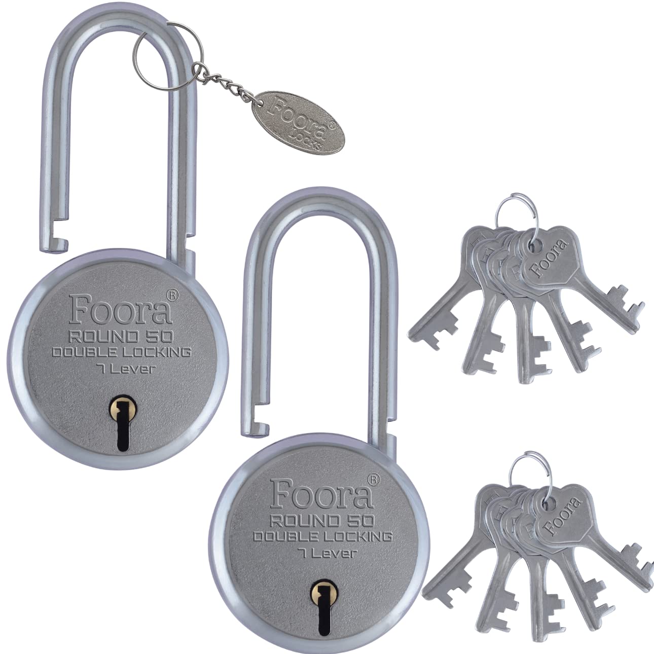 Foora New Round 50mm Lock | Long Shackle | Metal Body | Double Locking | 7 Steel Lever | 5 Silver Keys with Keychain | Silver Finsih | Pack of 2 | Made in India | Export in USA | Canada
