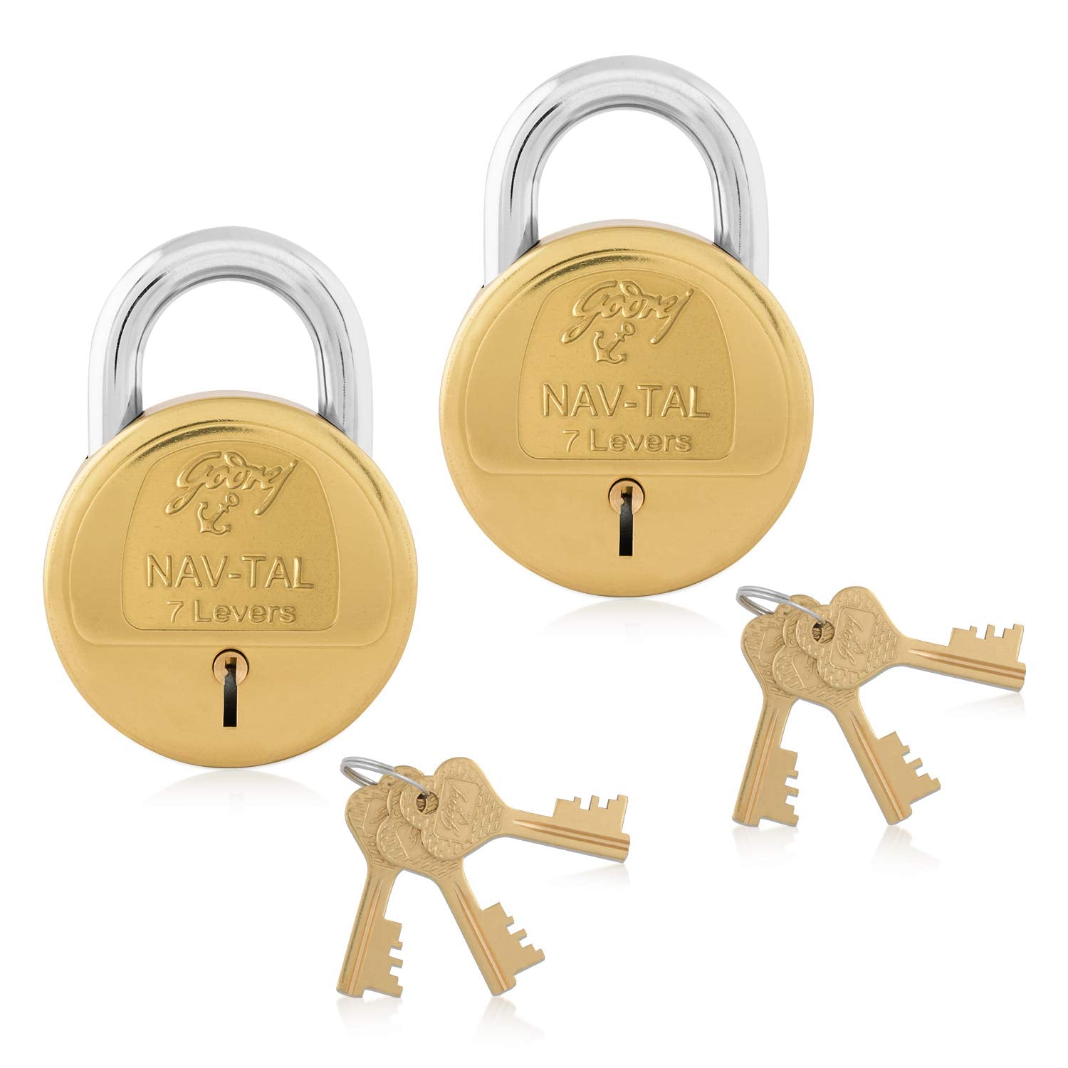 Godrej Locking Solutions and Systems Godrej Nav-tal 7 Levers Brass Padlock - 4 Keys (Pack of 2) | Rust Resistant - Golden