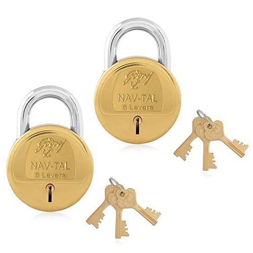 Godrej Locks I Navtal 6 levers 50 mm I with 3 Keys I Padlock for Main Door I Gate Lock I Lock for Tool Box, Shutters, Shops & Offices I Corression Resistant Shackle I Brass Finish (Pack of 2)