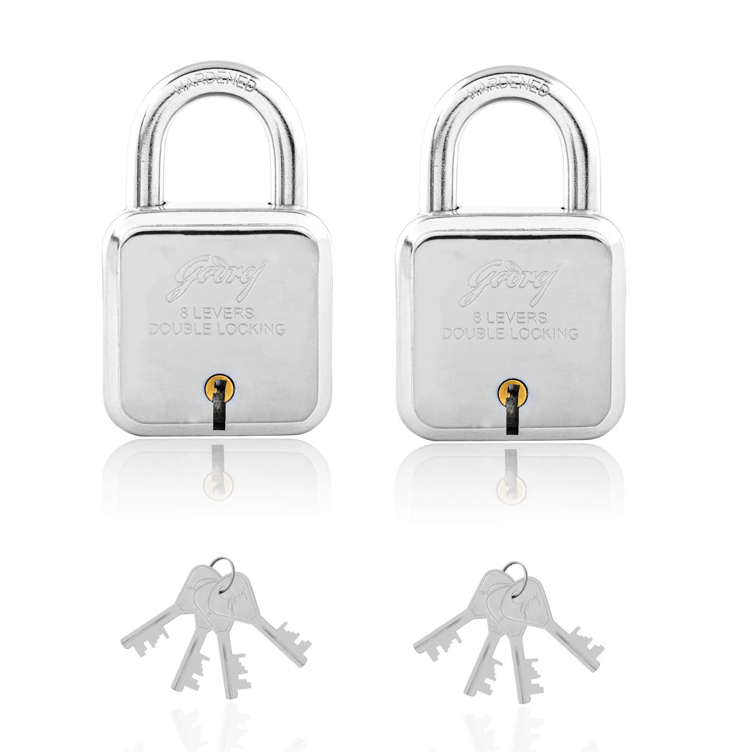 Godrej Locks I Square Lock l 8 levers 65 mm I 4 Keys I Padlock for Main Door, Gate Lock Tool Box, Shutters, Shops & Offices I Strong Hardended Corression Resistant Shackle I Silver Finish (Pack of 2)