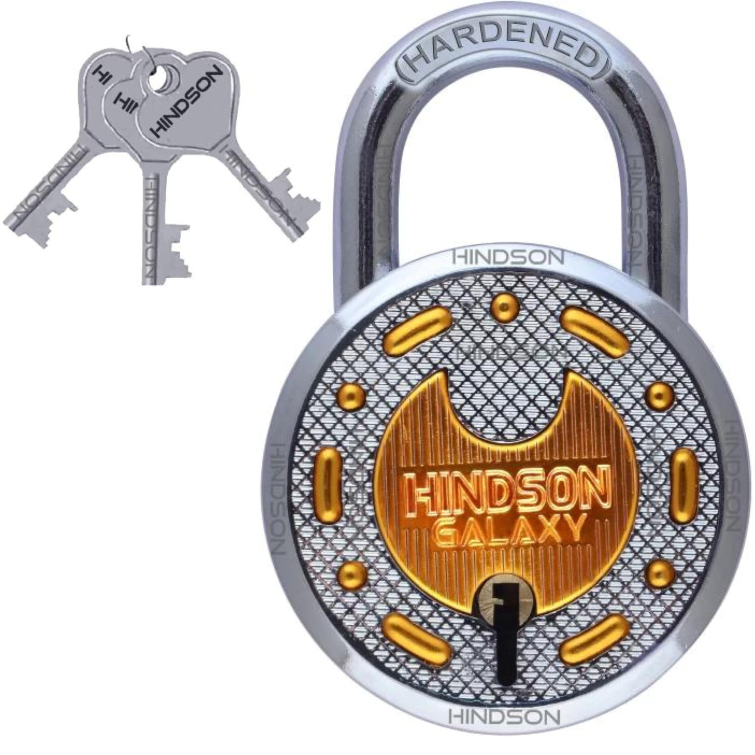 HINDSON Galaxy Brass Lock and Key Round 65mm with 3 Key,8 Lever Padlock, Steel Double Locking,8 Lever Padlock,Finish Gold,(Galaxy Brass Lock)