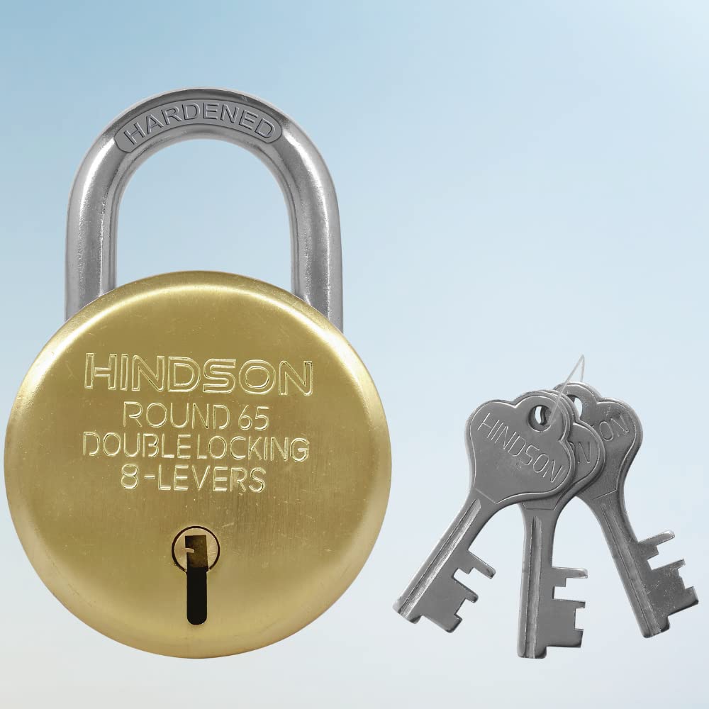 HINDSON Lock Gold Round 65mm with 3 Key, Steel Double Locking, 8 Lever Padlock for Door, Brass Gate, Shutter (Finish Gold)