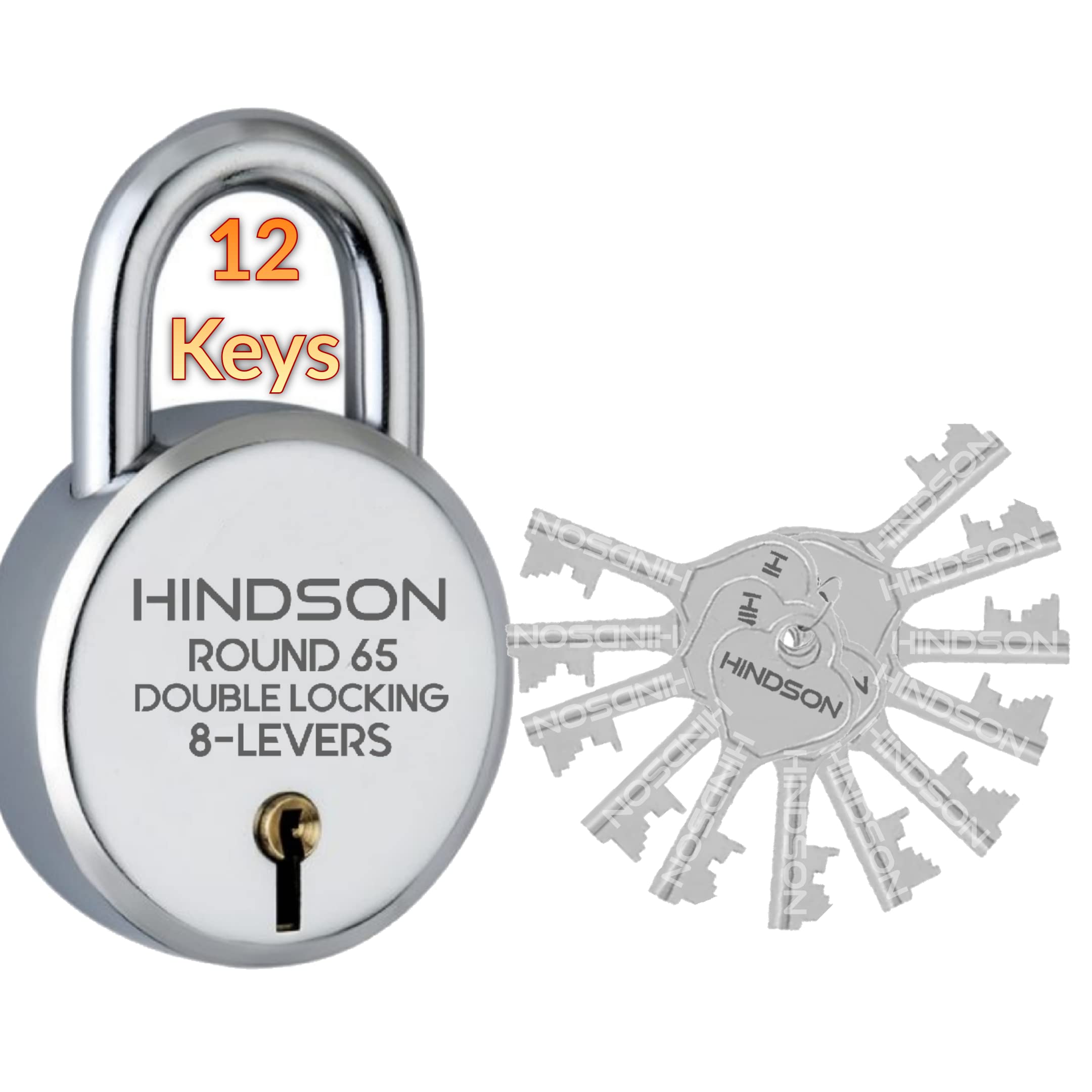 HINDSON Lock Round 65mm with 12 Key, Steel Double Locking, 8 Lever Padlock for Door, Gate, Shutter (Finish Silver) (12 Keys)