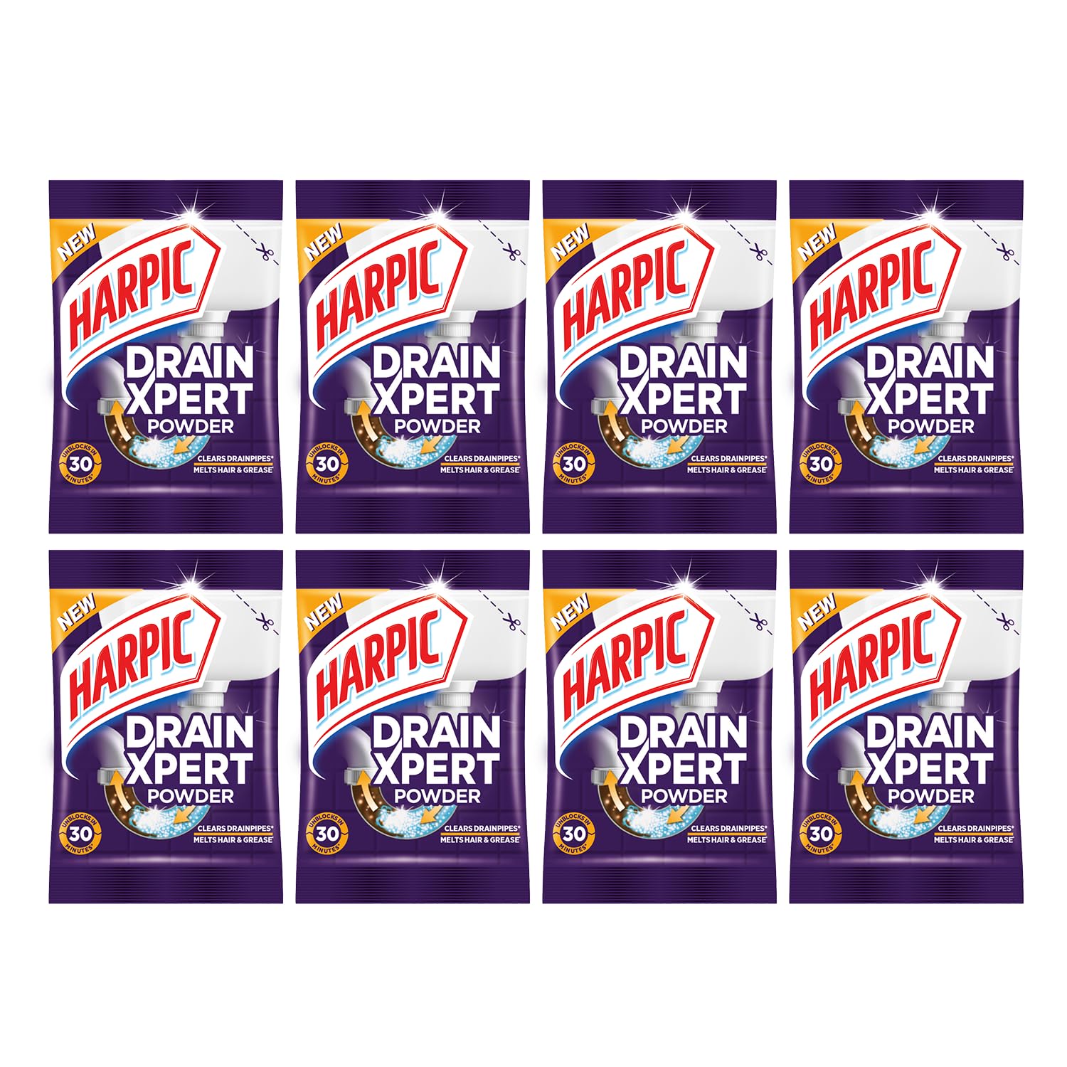 Harpic (50g x 8), DrainXpert Drain Cleaner Powder | Effective Sink Cleaner, Drain Blockage Remover, Drain Pipe Cleaner