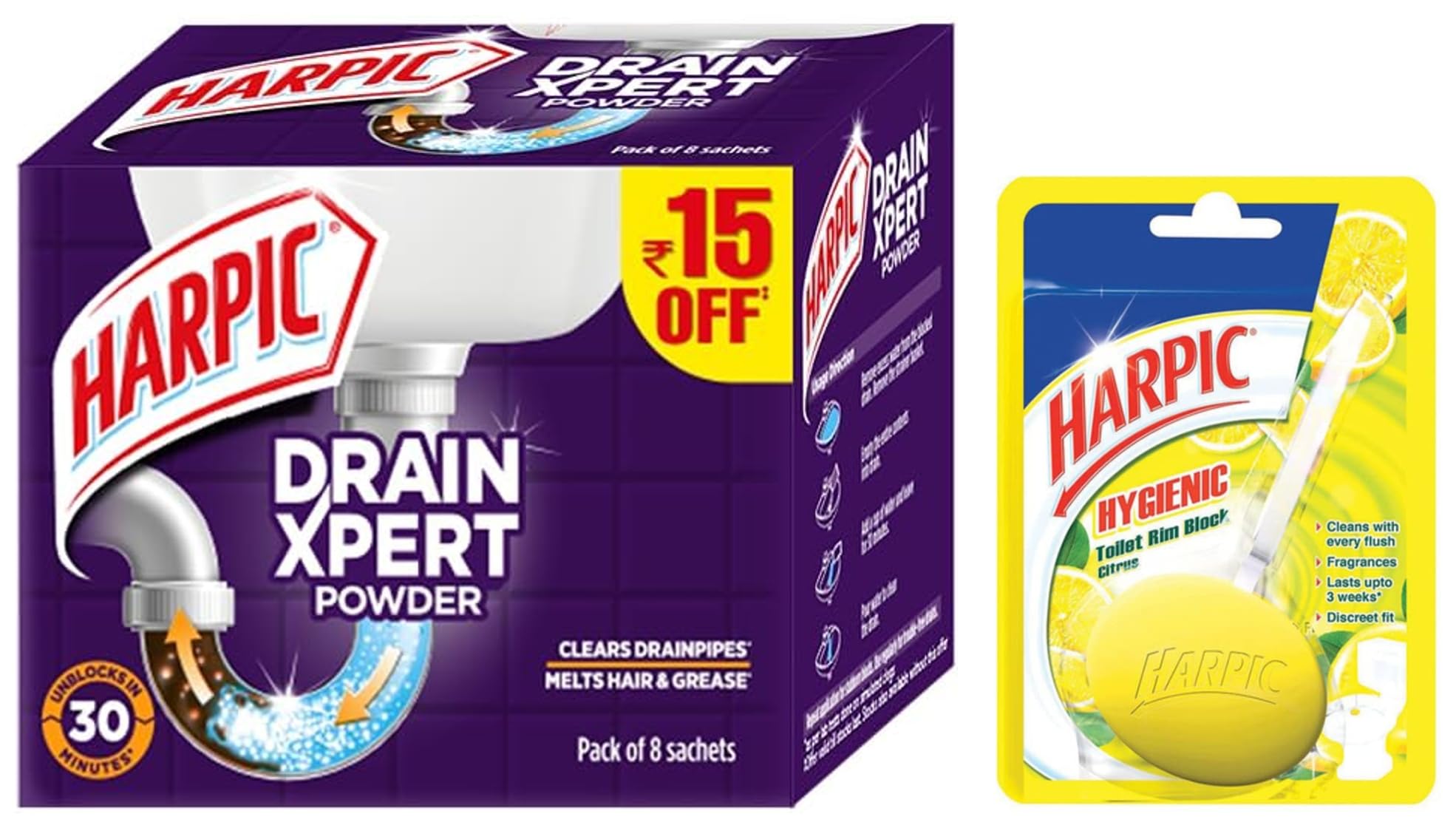 Harpic Drain Xpert Drain Cleaner Powder (50g x 8) & Harpic Hygienic Toilet Cleaner Rim Block, Citrus - 26 g COMBO