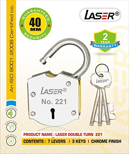 Laser 221 Rectangular (40 MM) 7 Steel Laser Double Chal Door Lock & 3 Key Padlock (Silver, Gold Finish)
