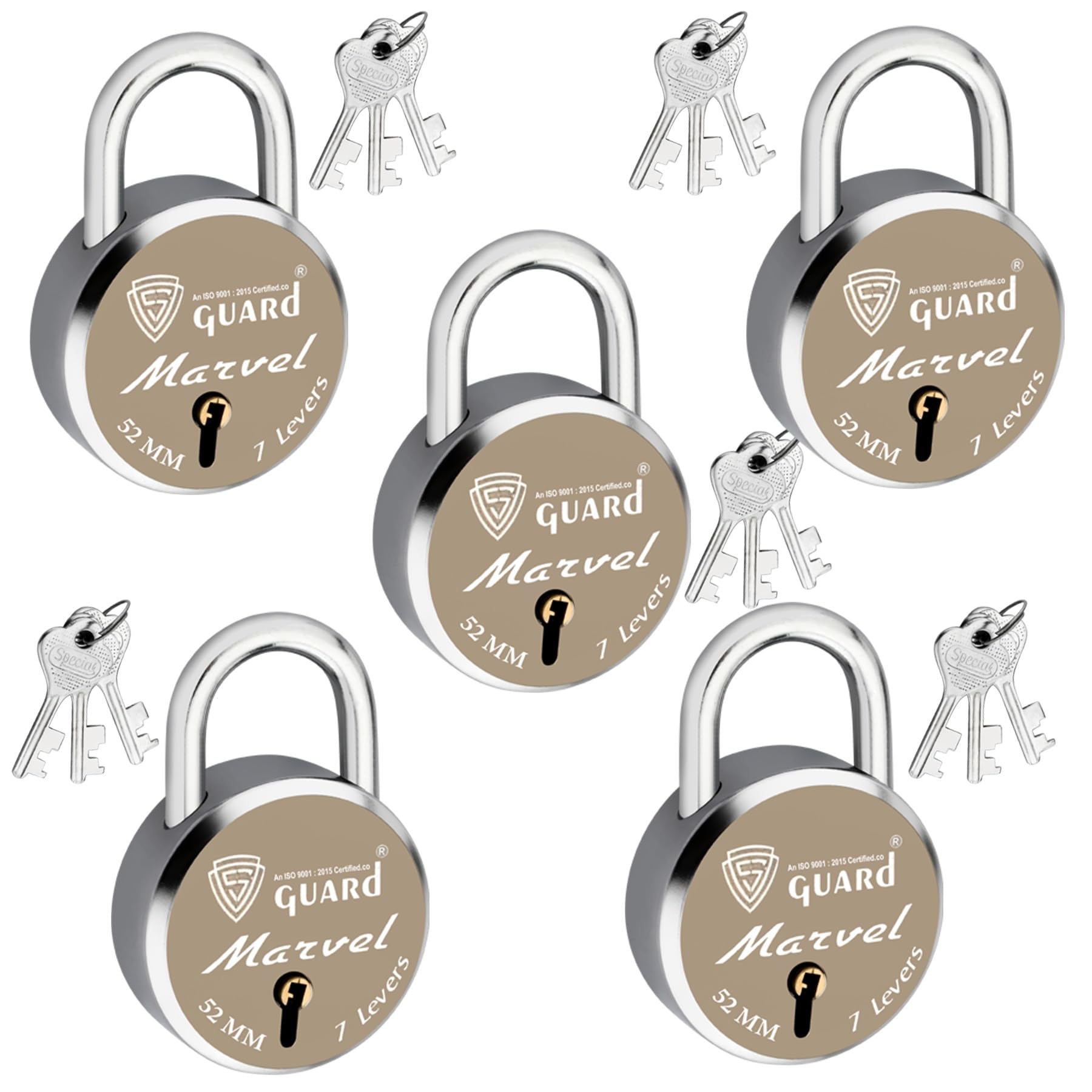 S-GUARD Locks, Padlocks, Door Locks 52MM- 7 Levers, Double Locking-Laser Print-Silver-Gold, Iron Padlocks, Locks and Keys-Pack of 5 (MARVEL-52MM)