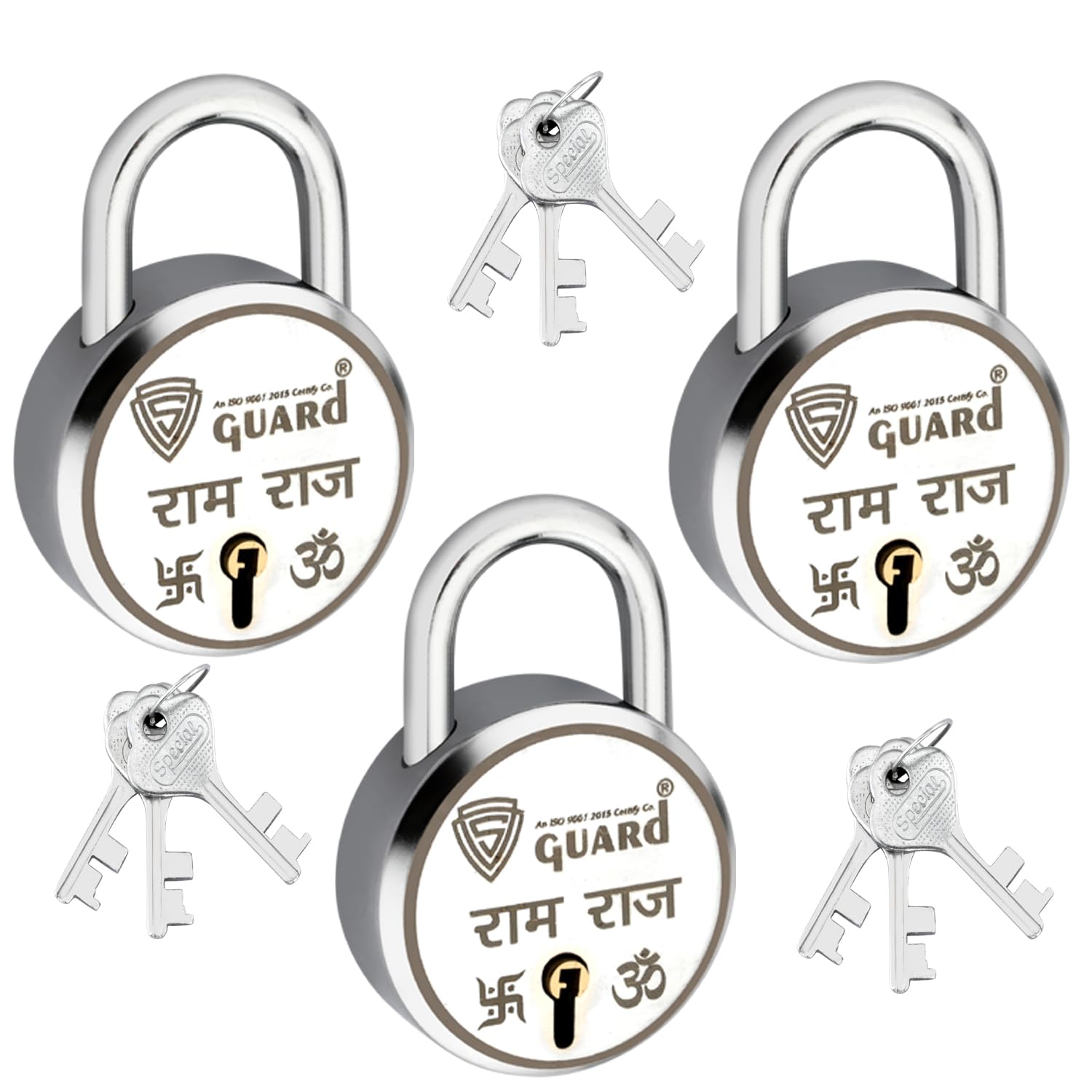 S-GUARD Padlocks, Locks, Door Locks 52MM- 7 Levers, Double Locking-Laser Print-Silver-Gold, Iron Padlocks-Pack of 3 (Combo Offer) (SG-RAM_Raj-Laser)