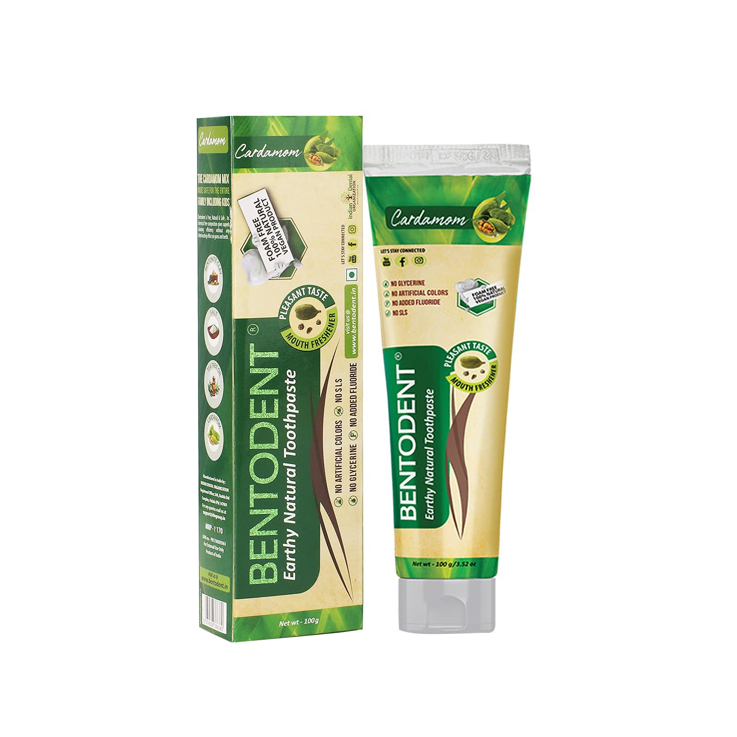 10x BENTODENT Natural Cardamom Enamel Protection Toothpaste, Pack of 10 (100 gm each)