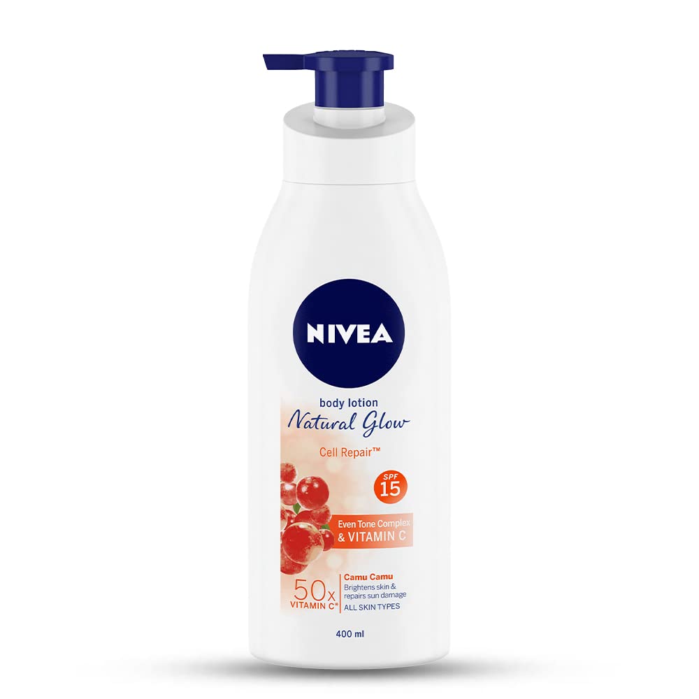 2x Nivea Body Lotion Natural Glow, Cell Repair, Spf 15 & 50X Vitamin C - Pack of 2 (400ml each)