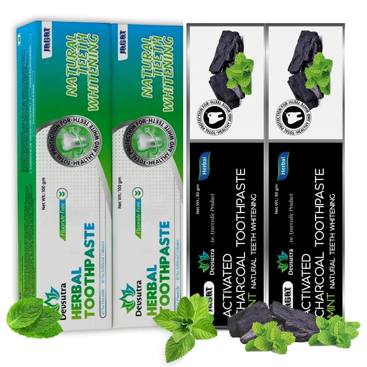 4x Jagat Devsutra Dr. Trusted Ayurvedic HERBAL Activated Charcoal Toothpaste & Fresh Mint Toothpaste  - (2 Pack Each), (100g x 4)
