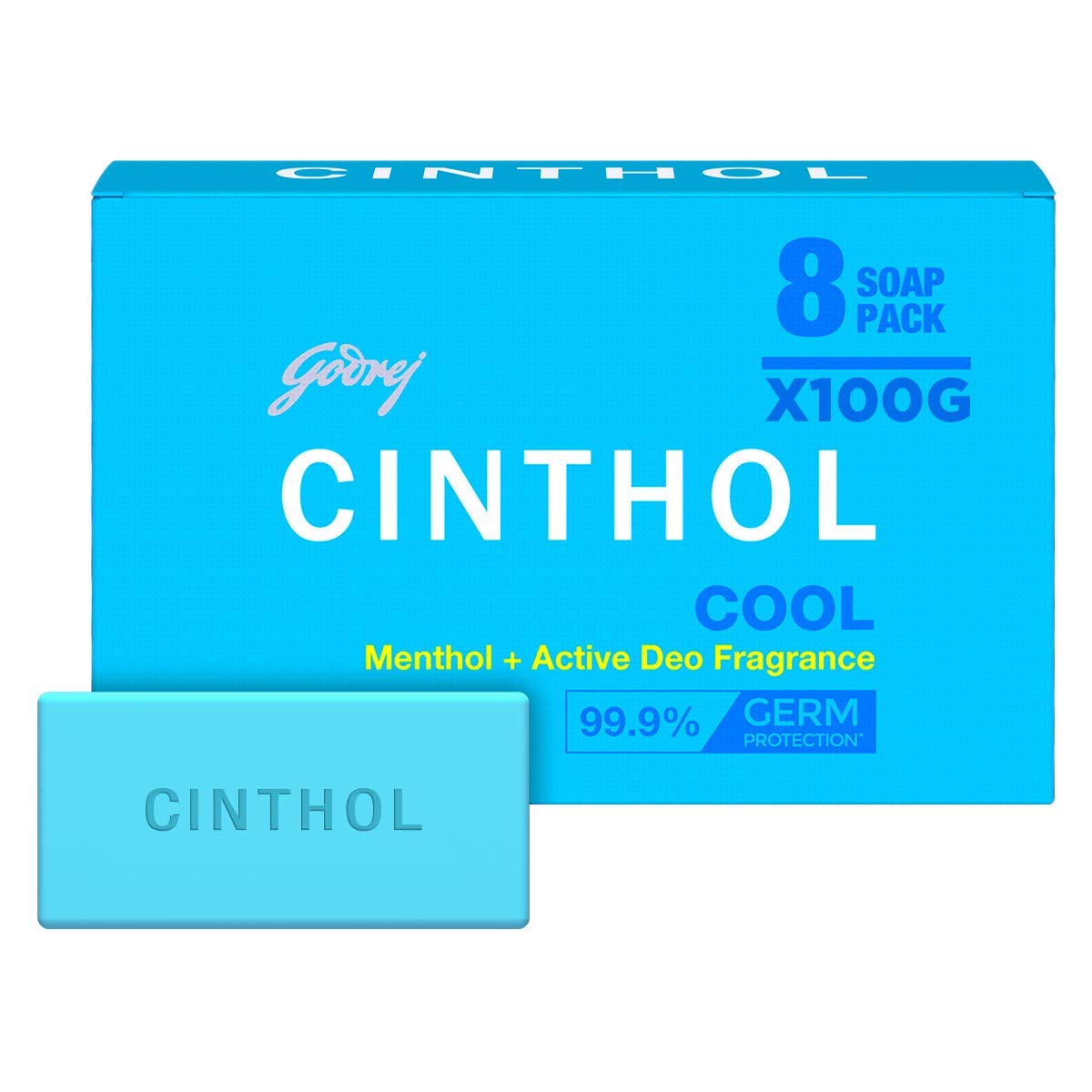 8x Cinthol Cool Bathing Soap - With Menthol & published Deo Fragrance, Provides Germ Protection, 100 g - Pack of 8