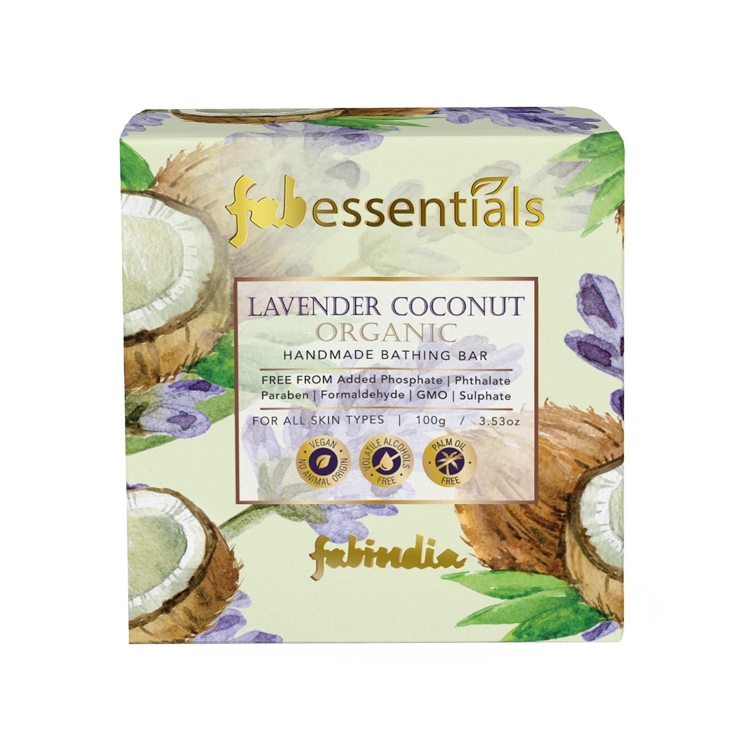 8x Fabessentials Lavender Coconut Organic Handmade Bathing Bar | 100% Organic | with the Goodness of Vitamin E| Cleanses, Nourishes & Brightens Skin | Vegan & Palm-Oil Free - 100 gm Pack of 8