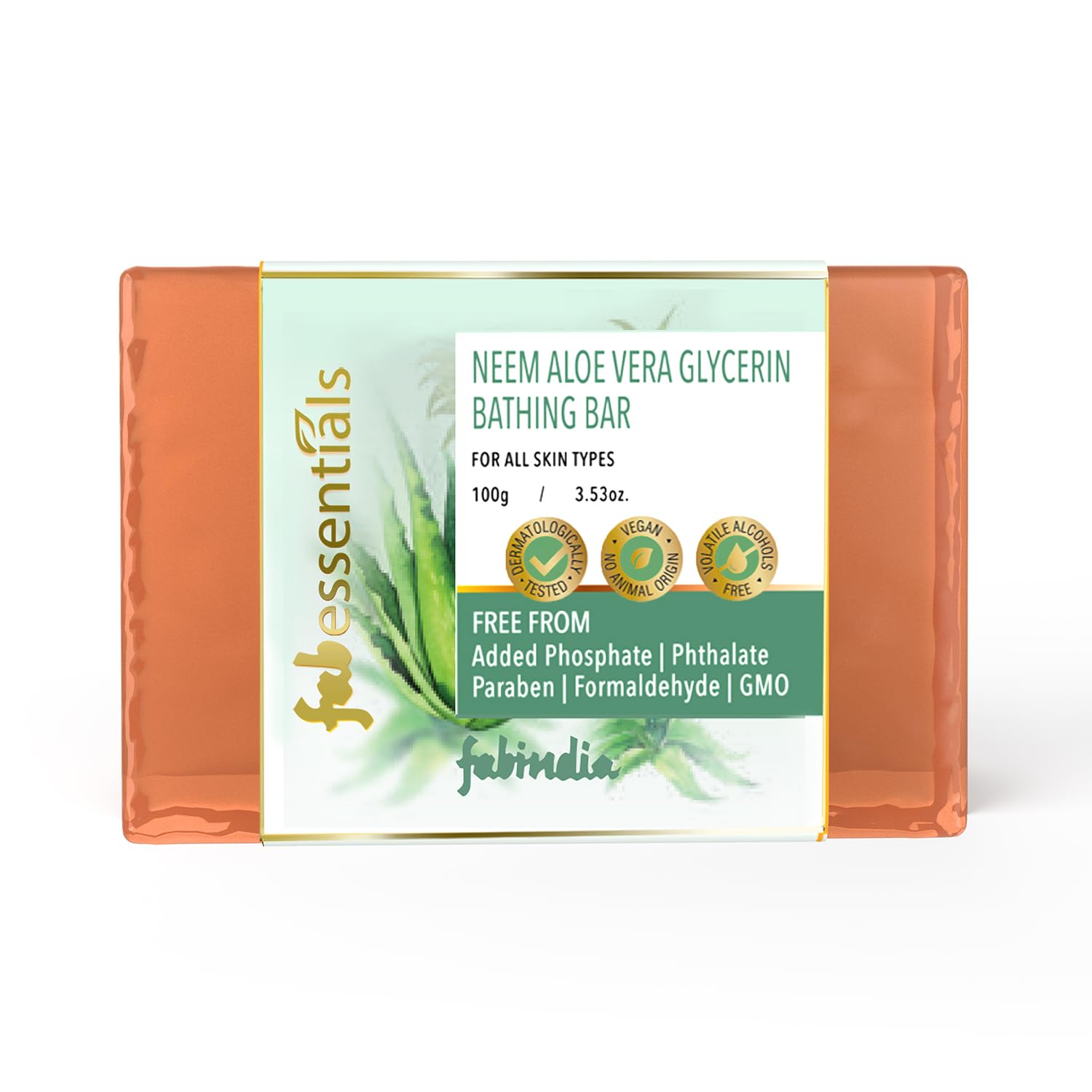 8x Fabessentials Neem Aloe Vera Glycerin Bathing Bar | with Natural Biopublisheds | for Cleansing, Nourishing and Refreshing Skin | Vegan & Toxin Free - 100 gm Pack of 8