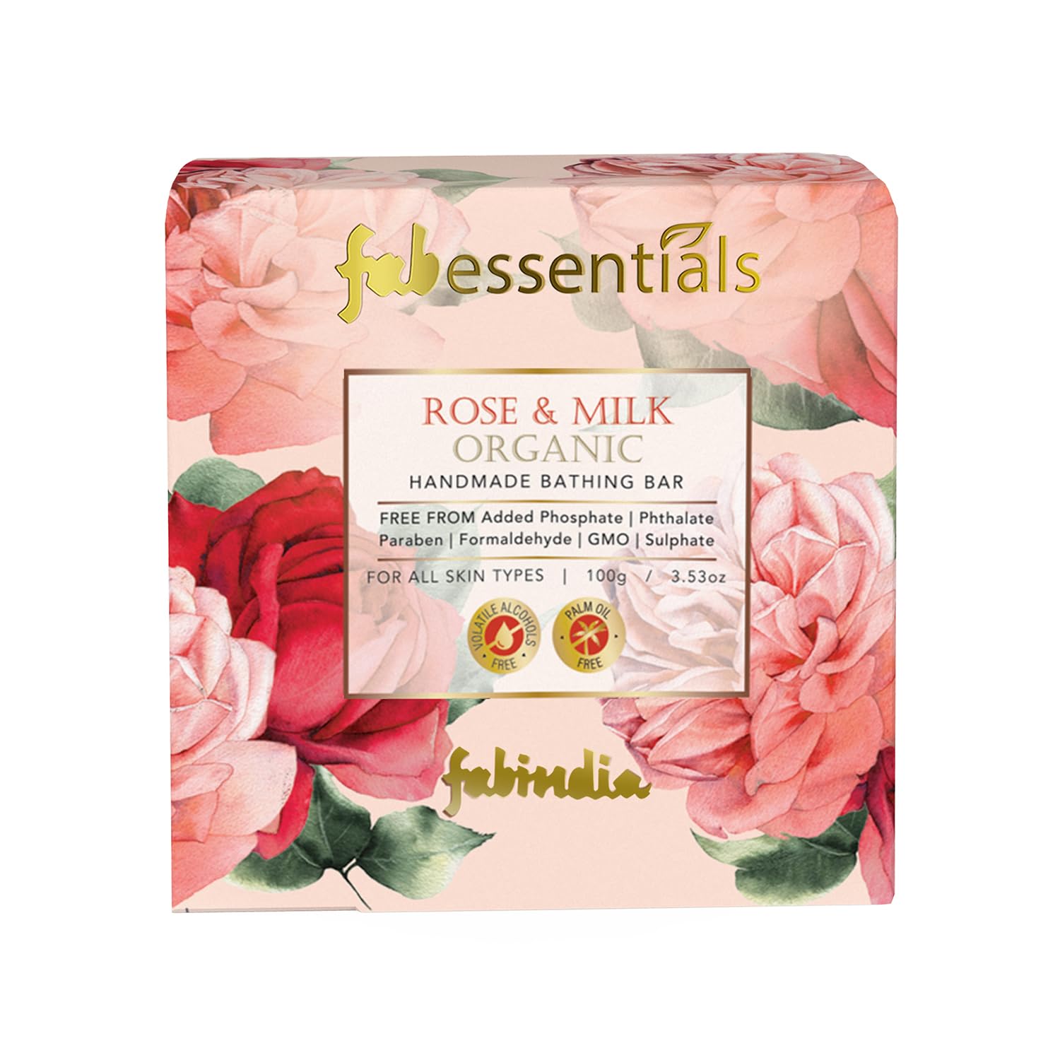 8x Fabessentials Rose & Milk Handmade Bathing Bar | 100% Organic | with Coconut Oil & Vitamin E | Cleanses, Nourishes & Brightens Skin | Vegan & Palm-Oil Free - 100 gm Pack of 8