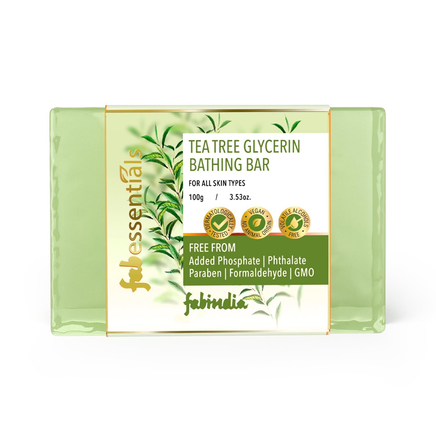 8x Fabessentials Tea Tree Glycerin Bathing Bar | with Natural Biopublisheds | Cleansing, Refreshing and Nourishing | Vegan & Toxin Free - 100 gm Pack of 8